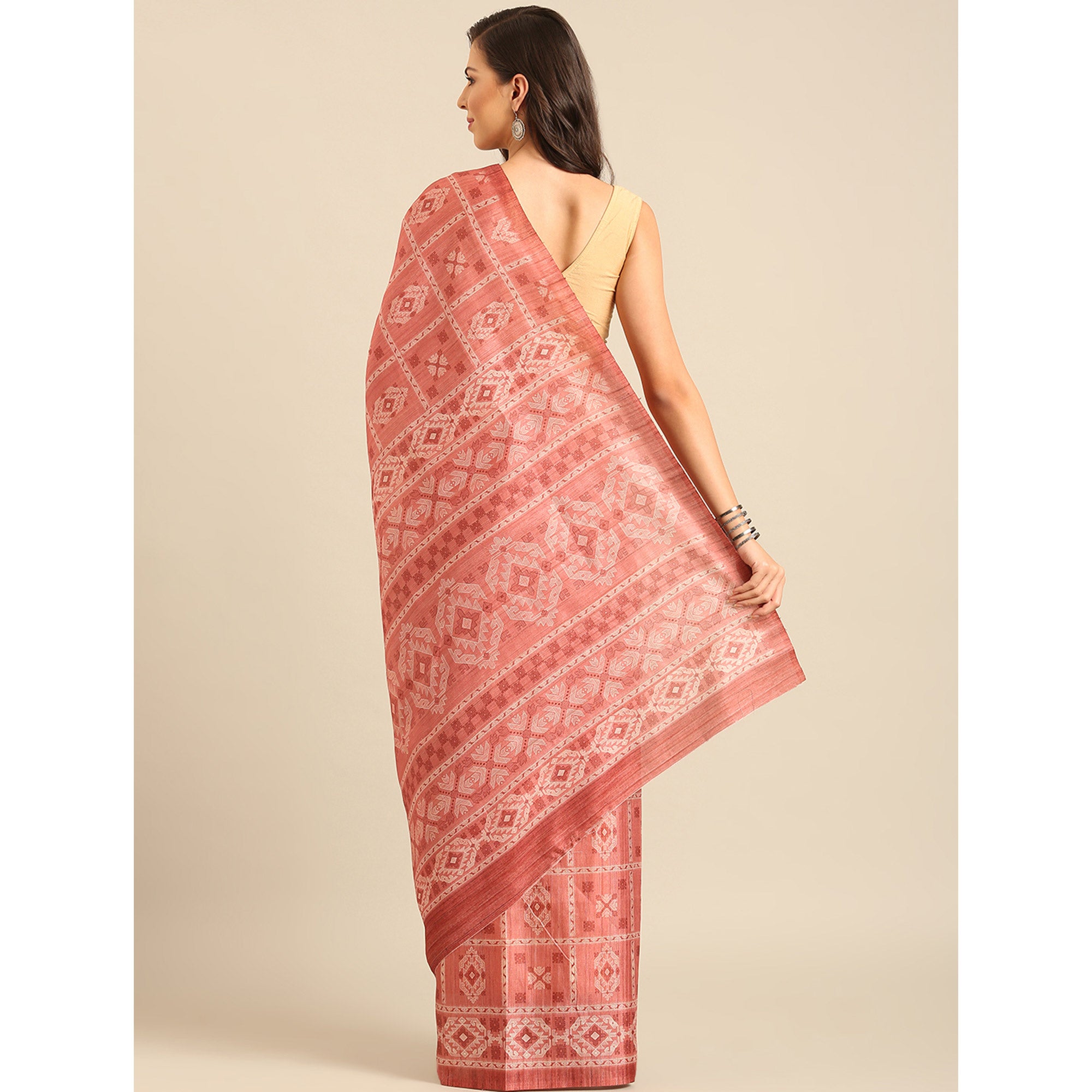 Peach Floral Digital Printed Cotton Blend Saree