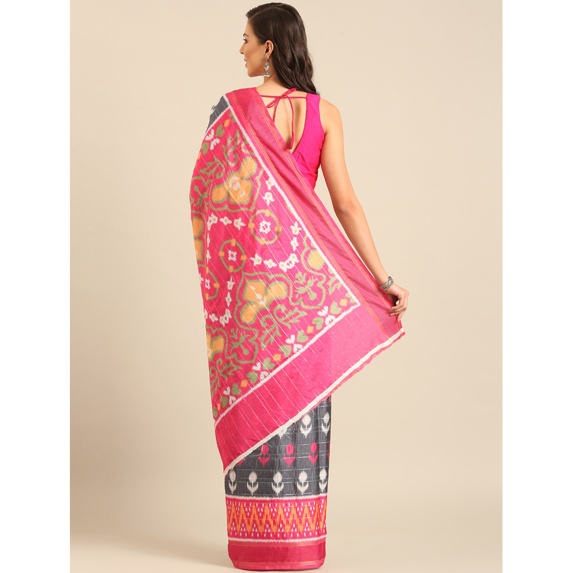 Grey Digital Patola Printed Cotton Blend Saree