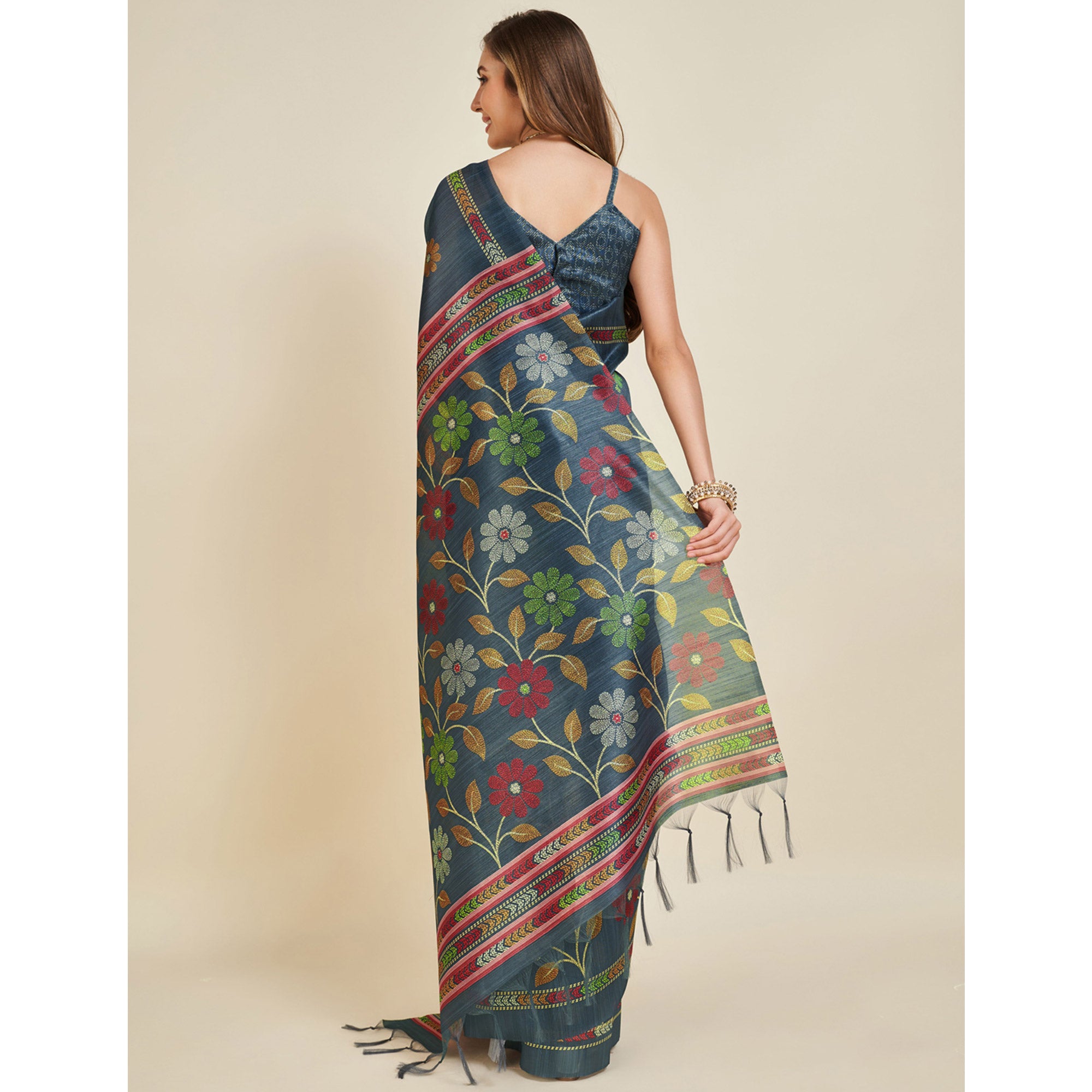 Bluish Grey Digital Printed Bhagalpuri Silk Saree With Tassels