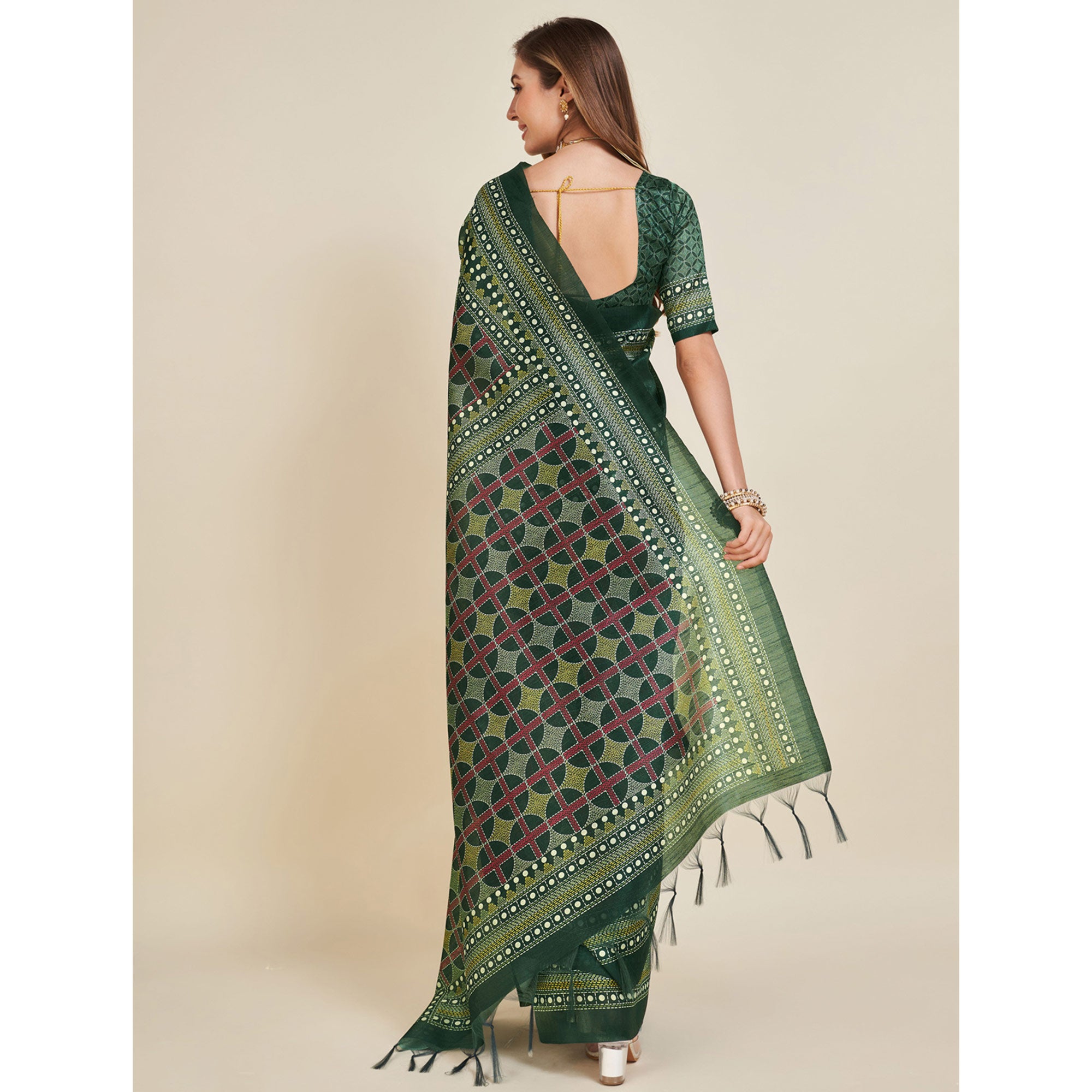 Green Digital Printed Bhagalpuri Silk Saree With Tassels