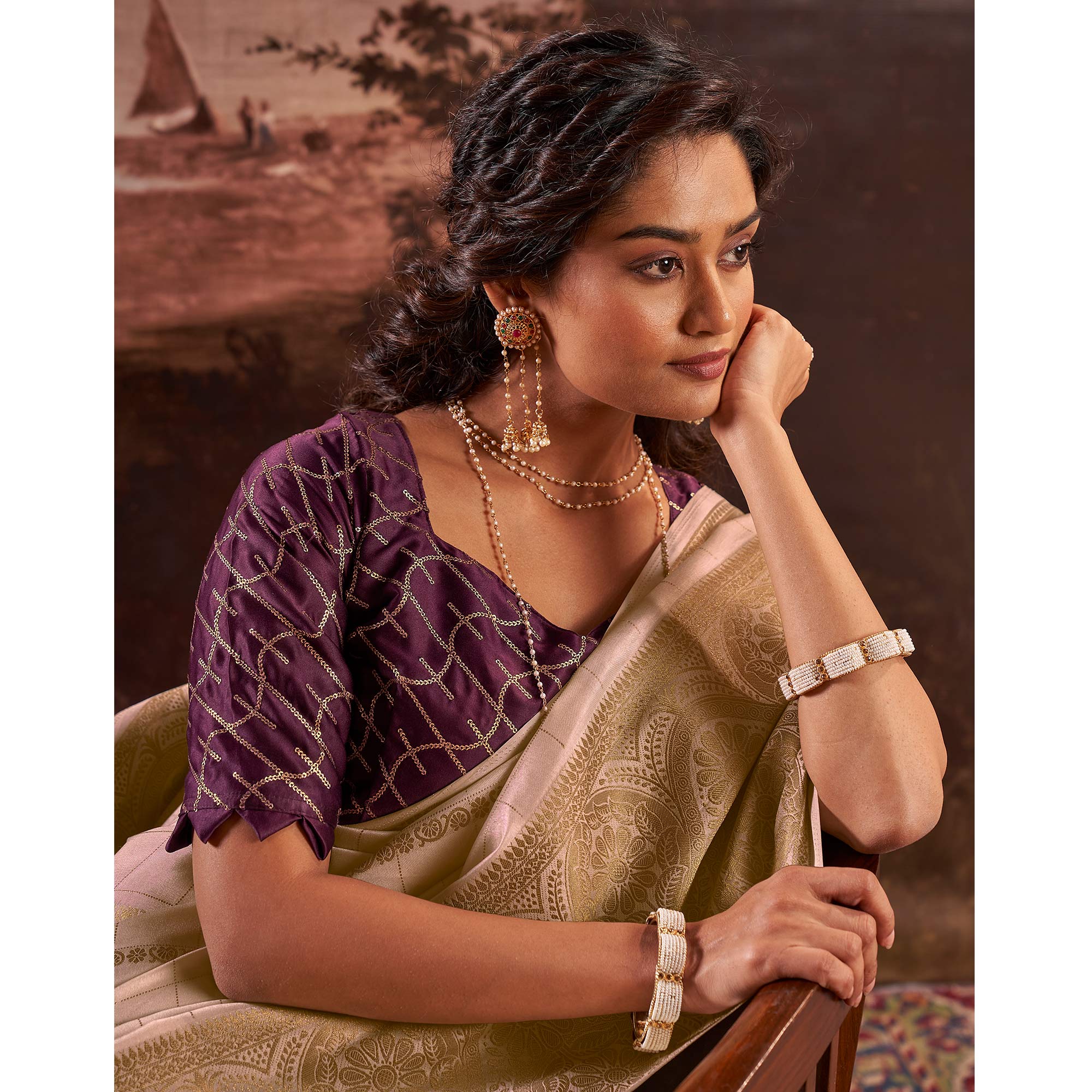 Beige Woven Cotton Silk Saree