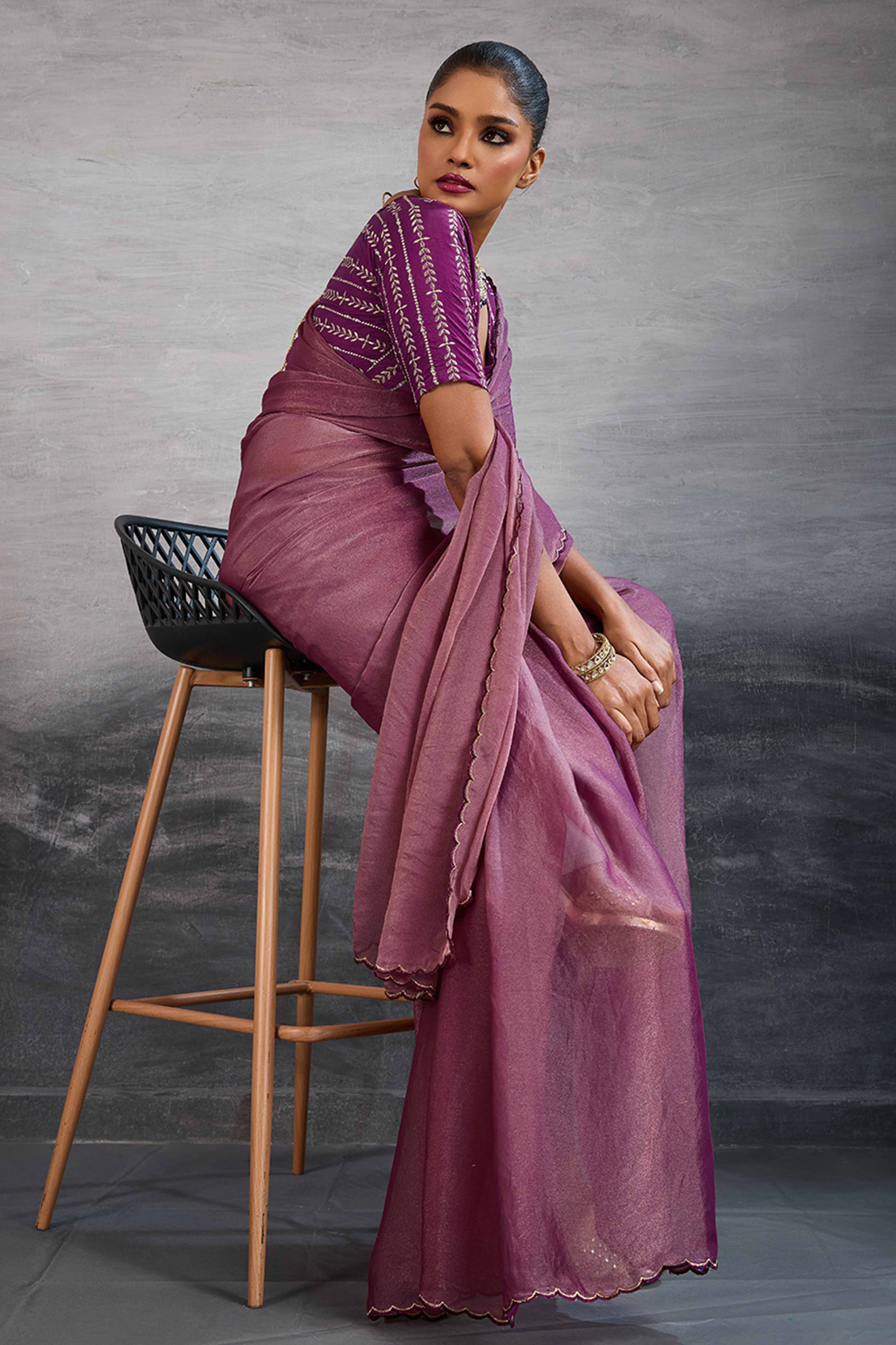 Wine Solid Organza Jimmy Choo Saree Accentuated With Elegant Cutwork Border Detailing