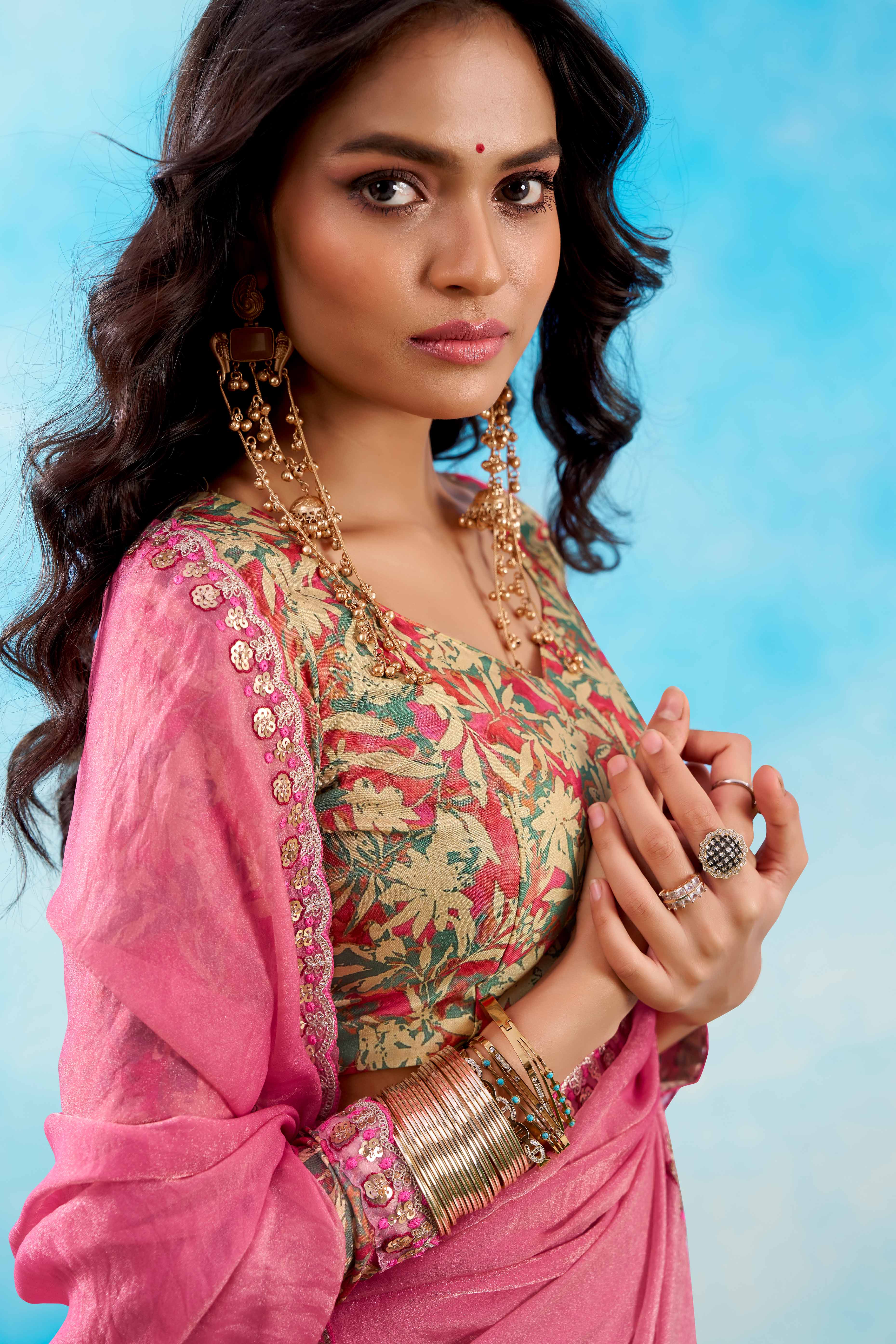 Luxurious Baby Pink Chiffon Saree Showcasing Floral Sequins Embroidery In A Two Tone Finish