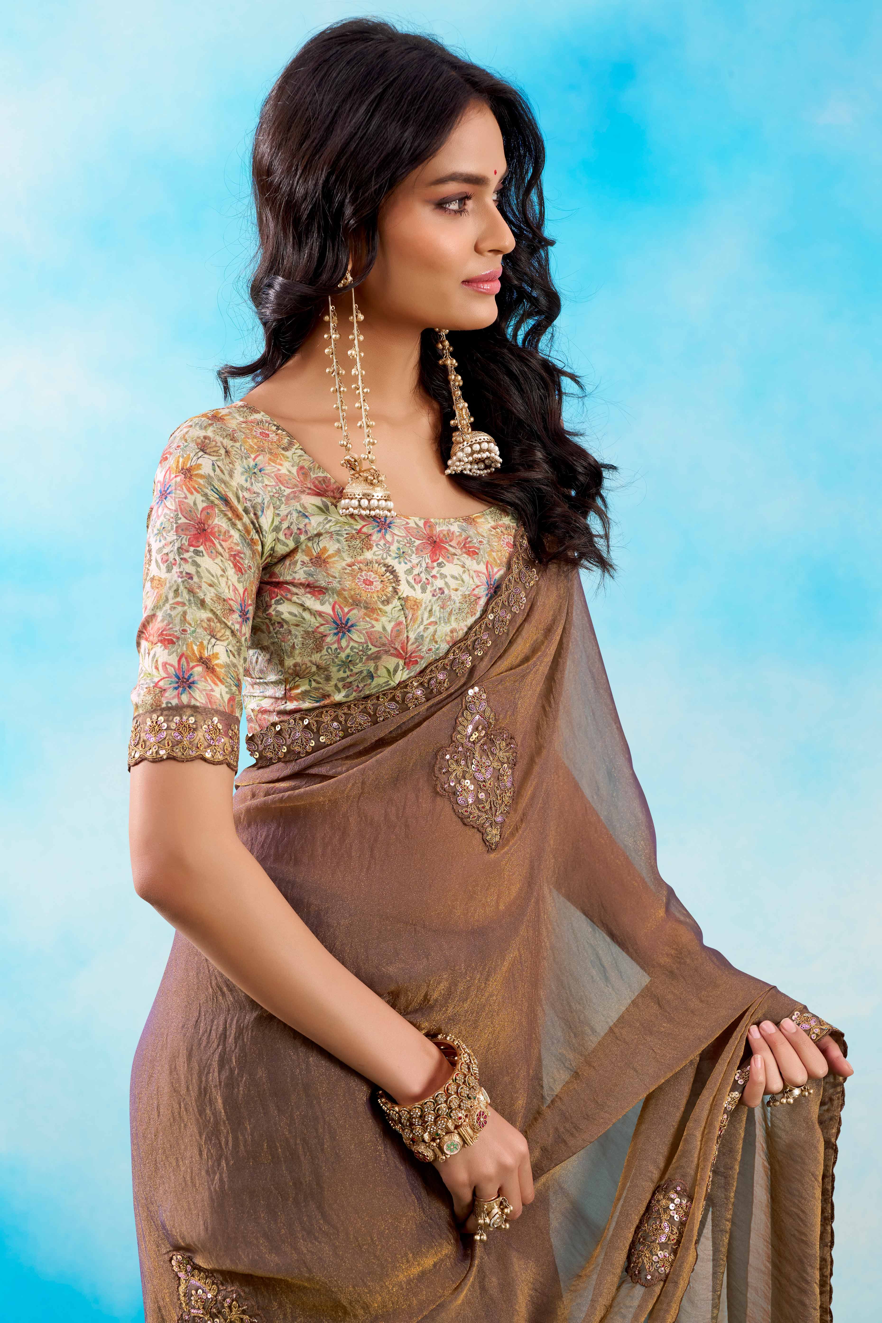 Luxurious Brown Chiffon Saree Showcasing Floral Sequins Embroidery In A Two Tone Finish