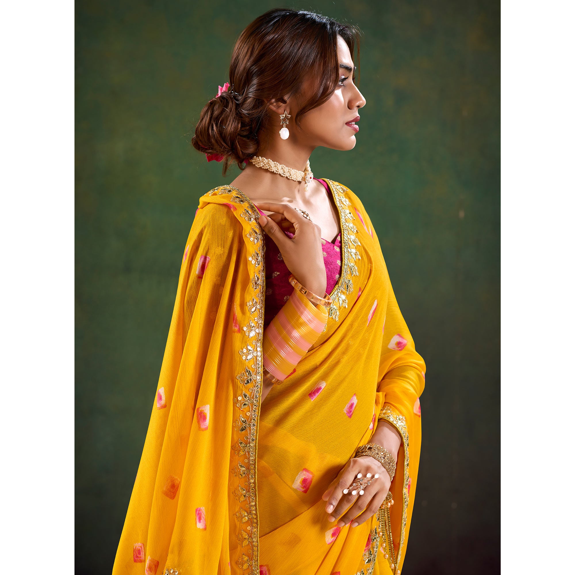 Yellow Printed Chiffon Saree With Sequins Border