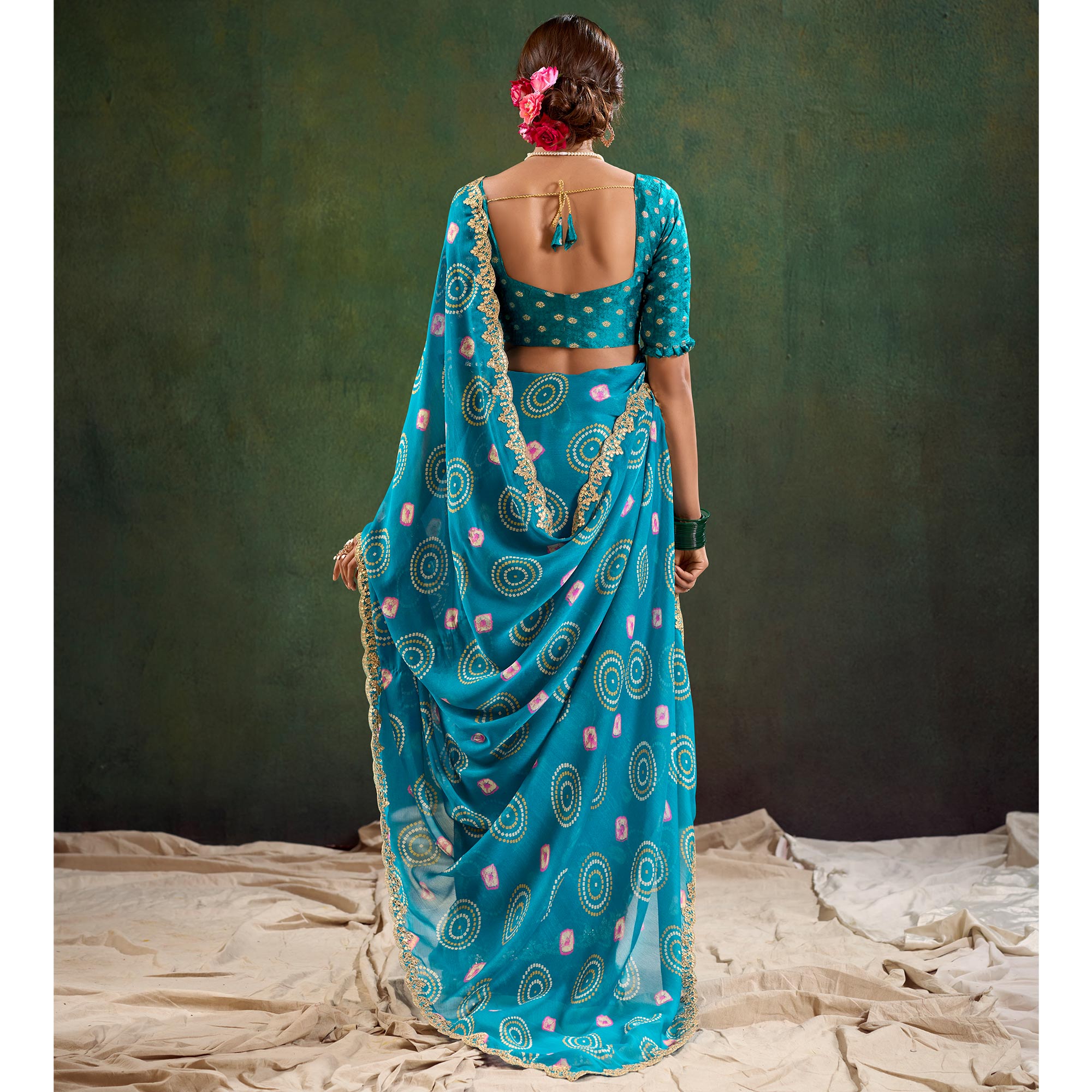 Teal Printed Chiffon Saree With Sequins Border