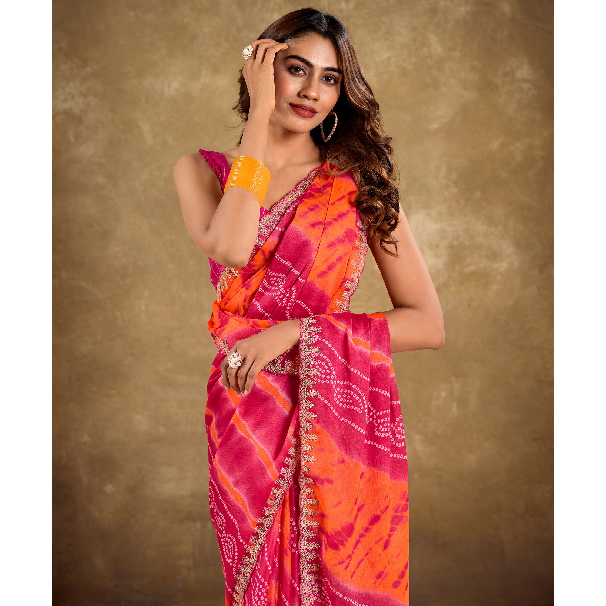 Pink & Orange Printed Chiffon Saree With Sequins Border