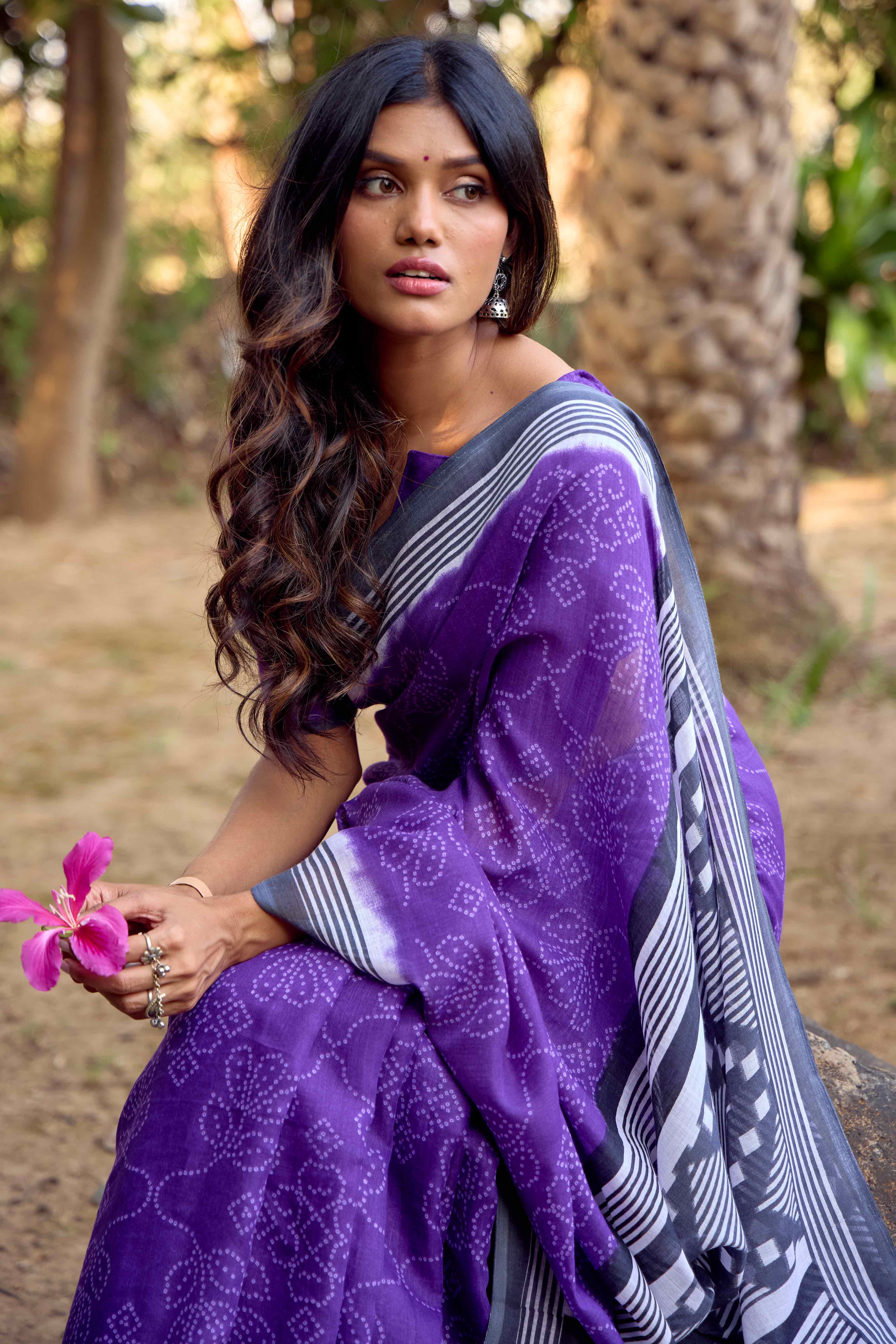 Purple Bandhani Printed Linen Saree