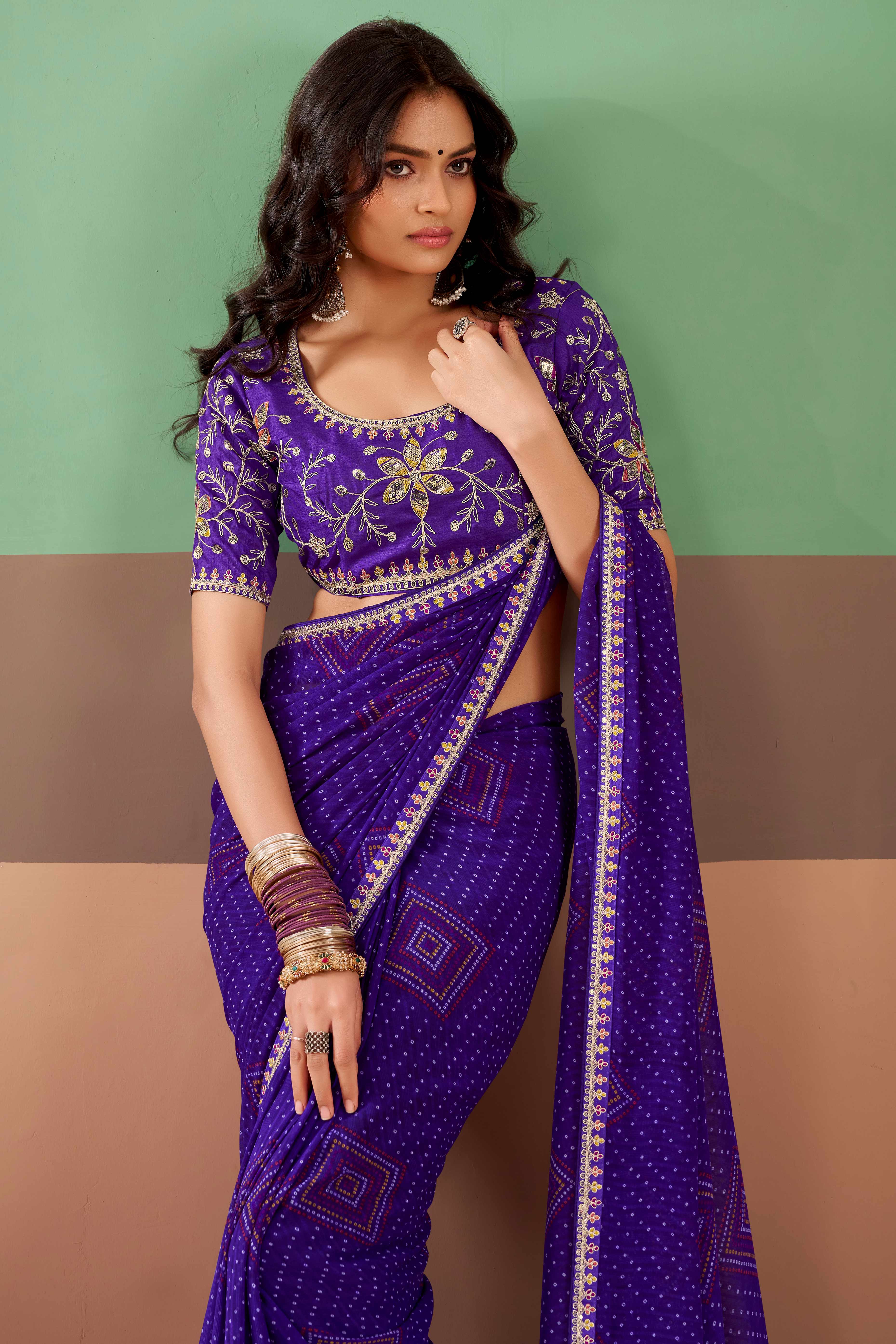 Charming Purple Bandhani Printed Georgette Saree Adorned With Intricate Cording Embroidered Border
