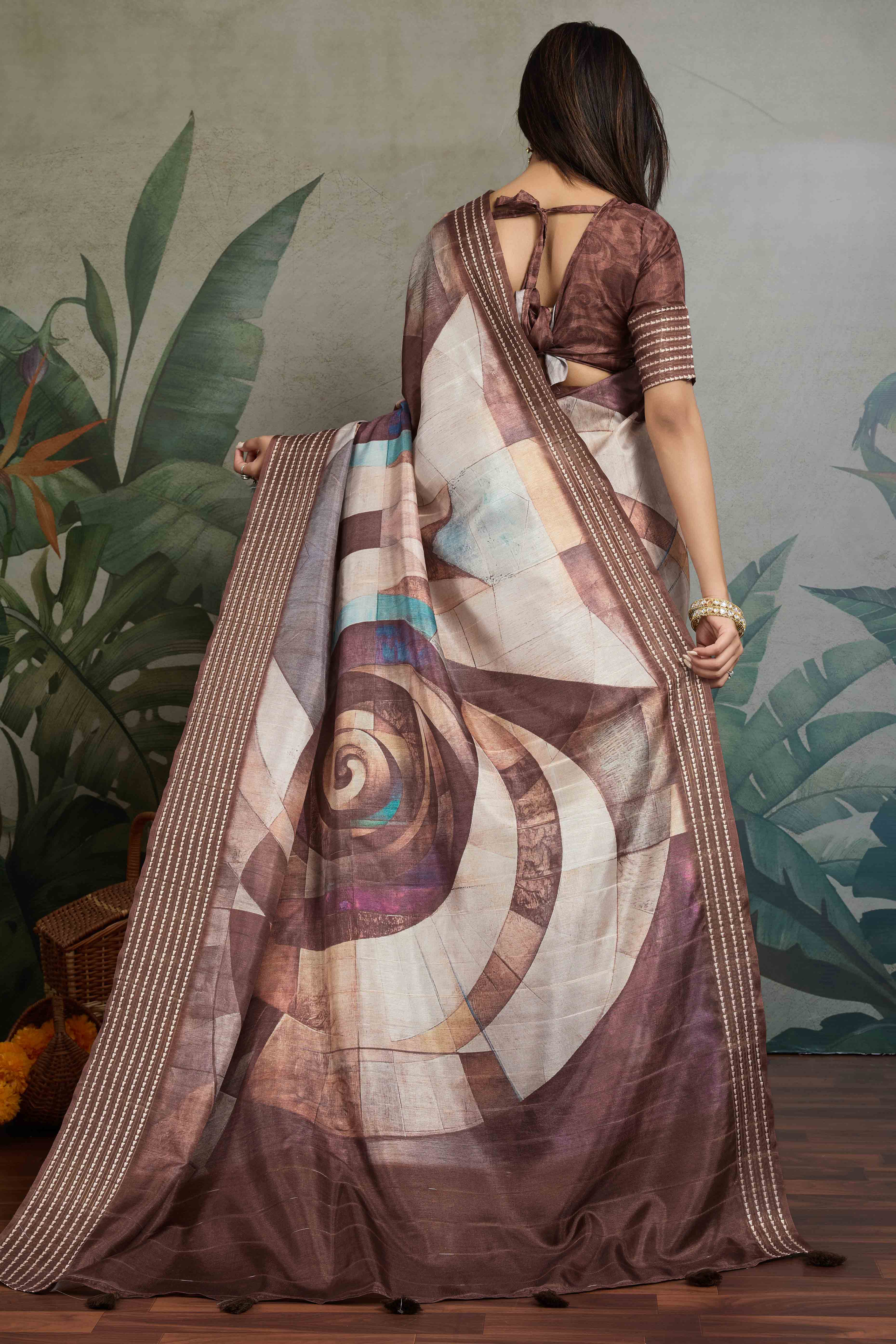 Brown Silk Blend Saree with Geometric Print