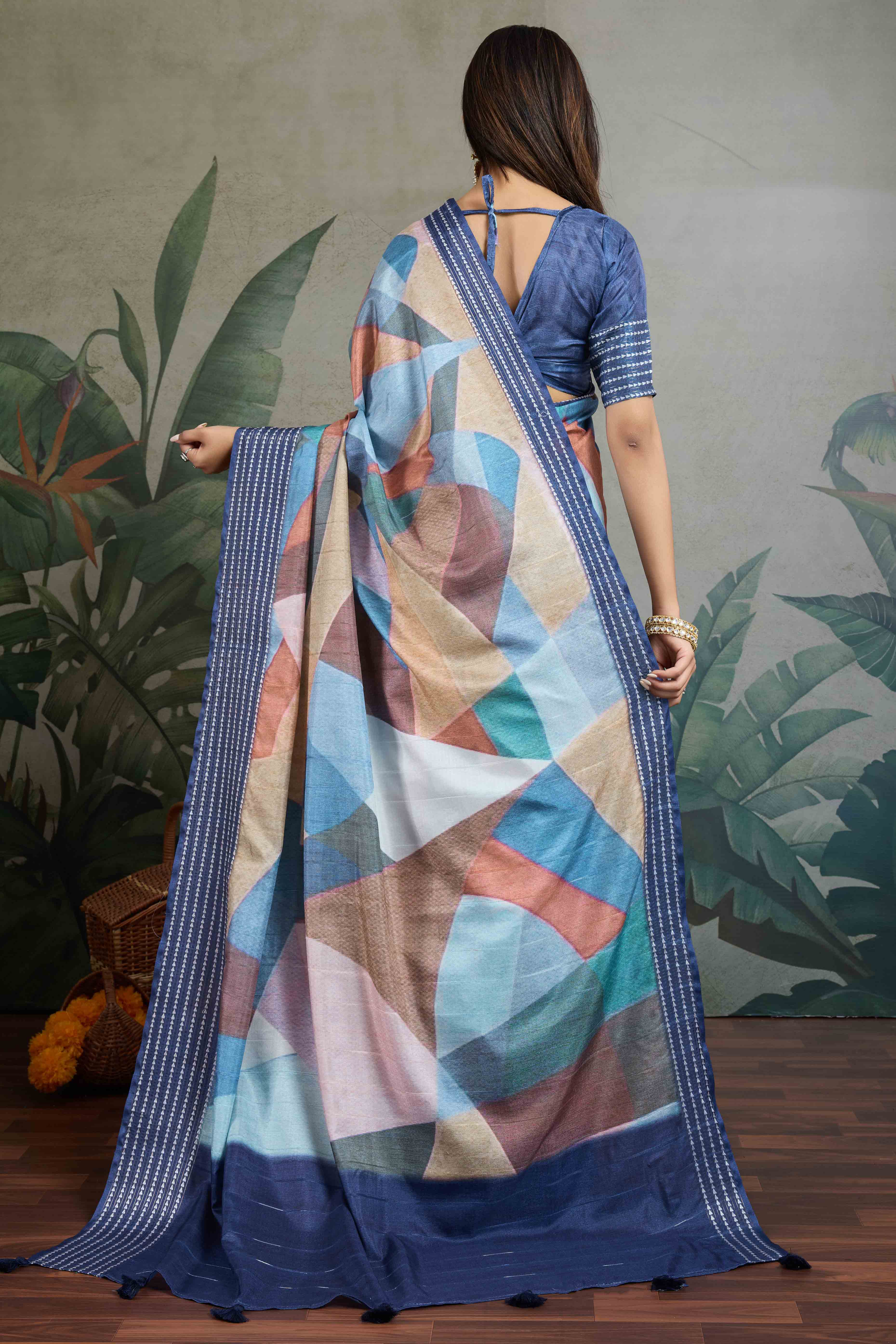 Blue Silk Blend Saree with Geometric Print