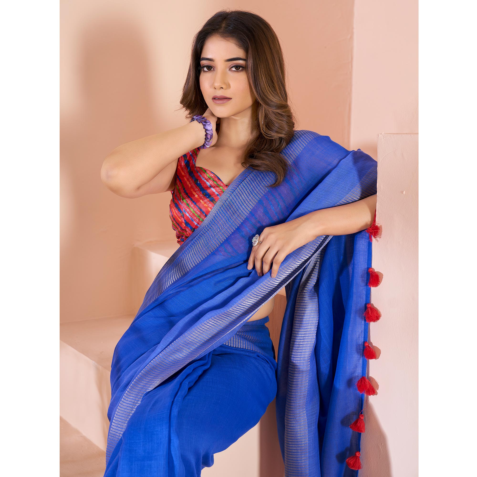 Blue Woven Linen Saree With Tassels