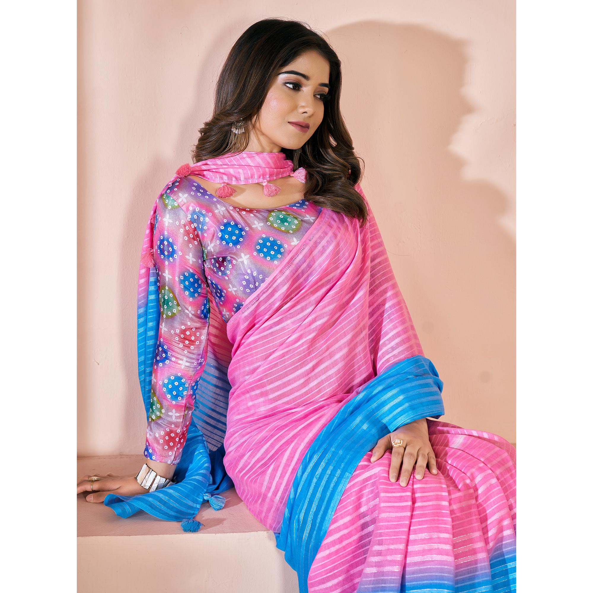 Pink & Blue Woven Linen Saree With Tassels