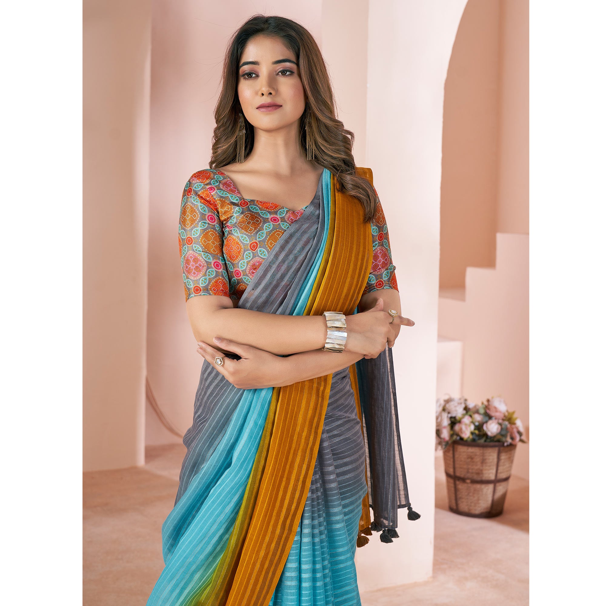 Multicolor Woven Linen Saree With Tassels