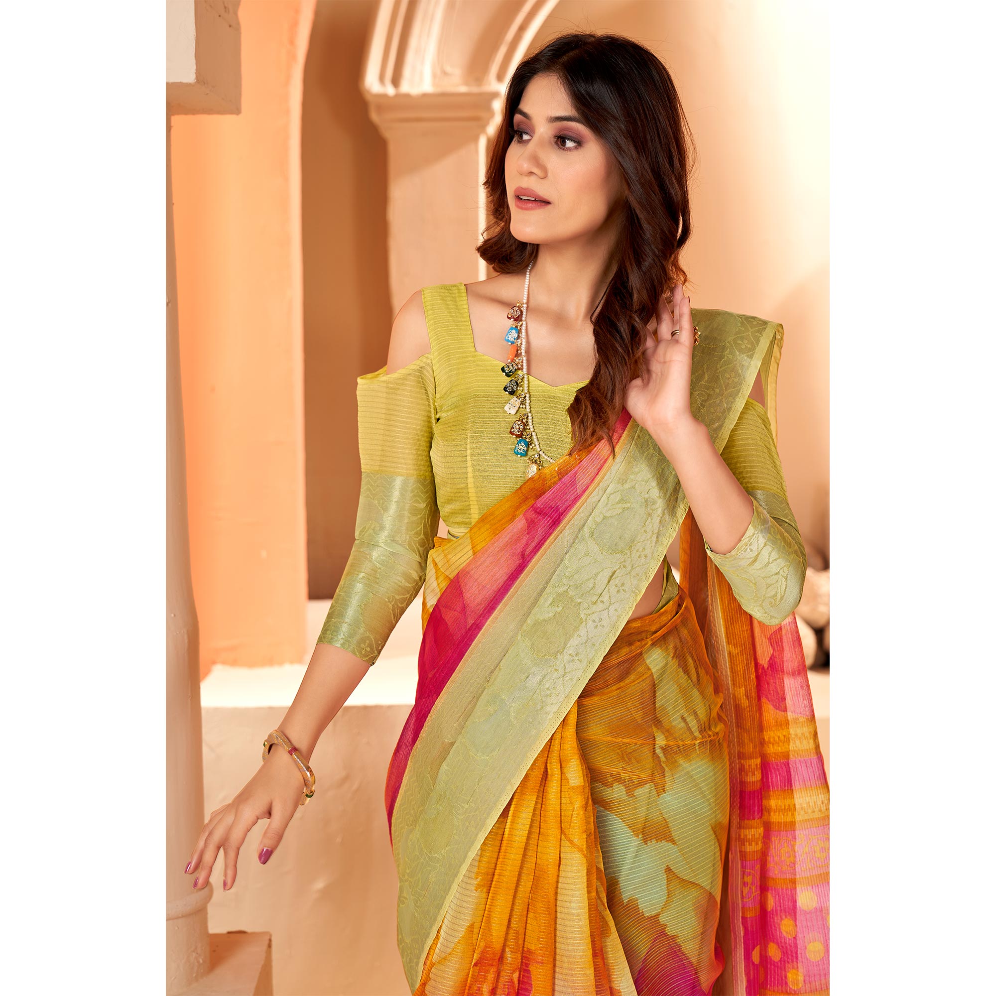 Mustard & Pink Printed Organza Saree With Woven Border