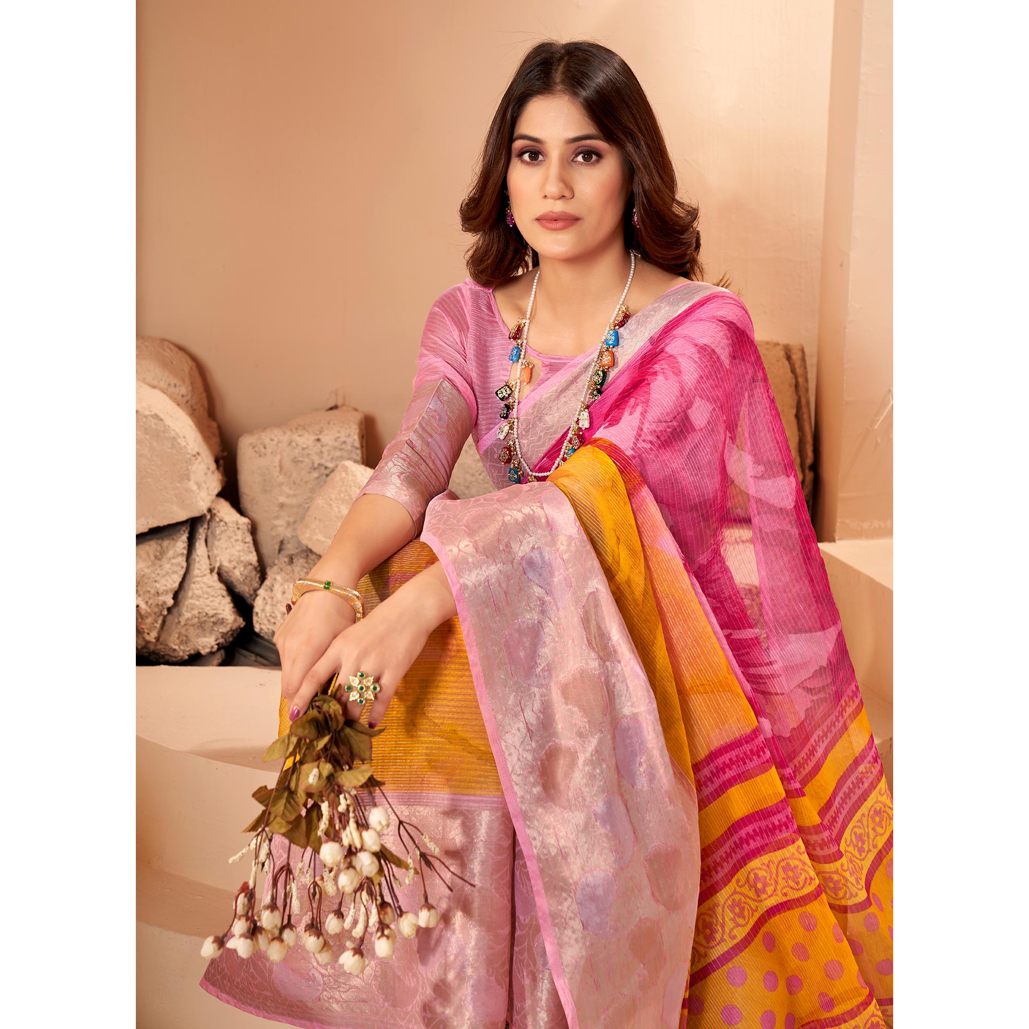 Pink & Mustard Printed Organza Saree With Woven Border