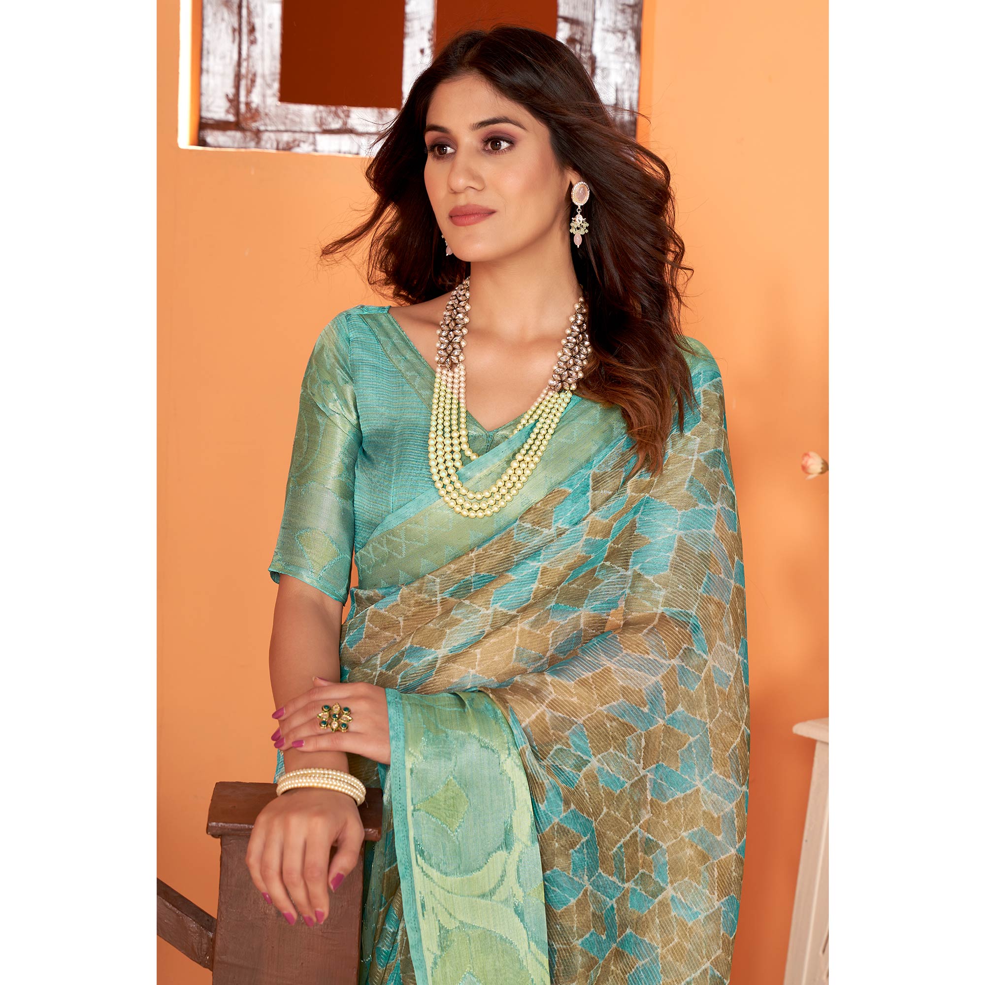 Sea Green Printed Organza Saree With Woven Border