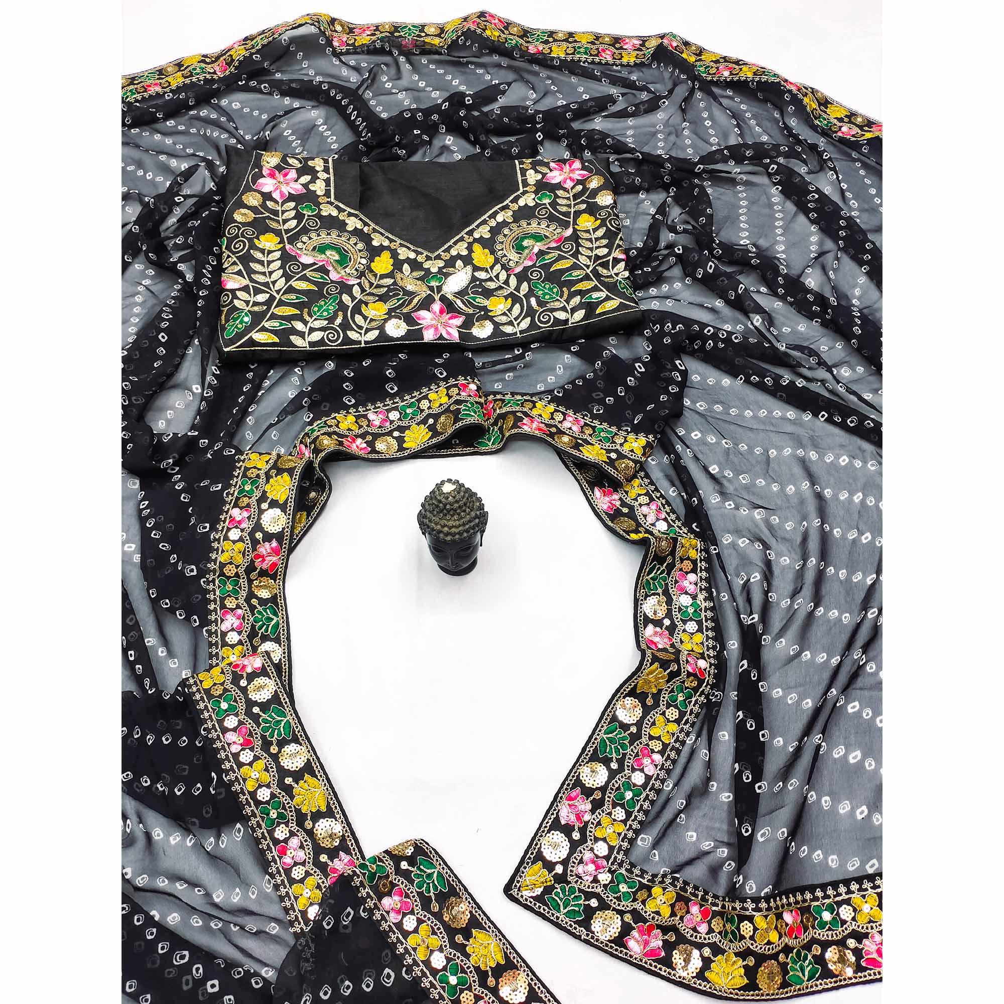 Black Bandhani Printed Georgette Saree With Sparkling Sequin Embroidered Border