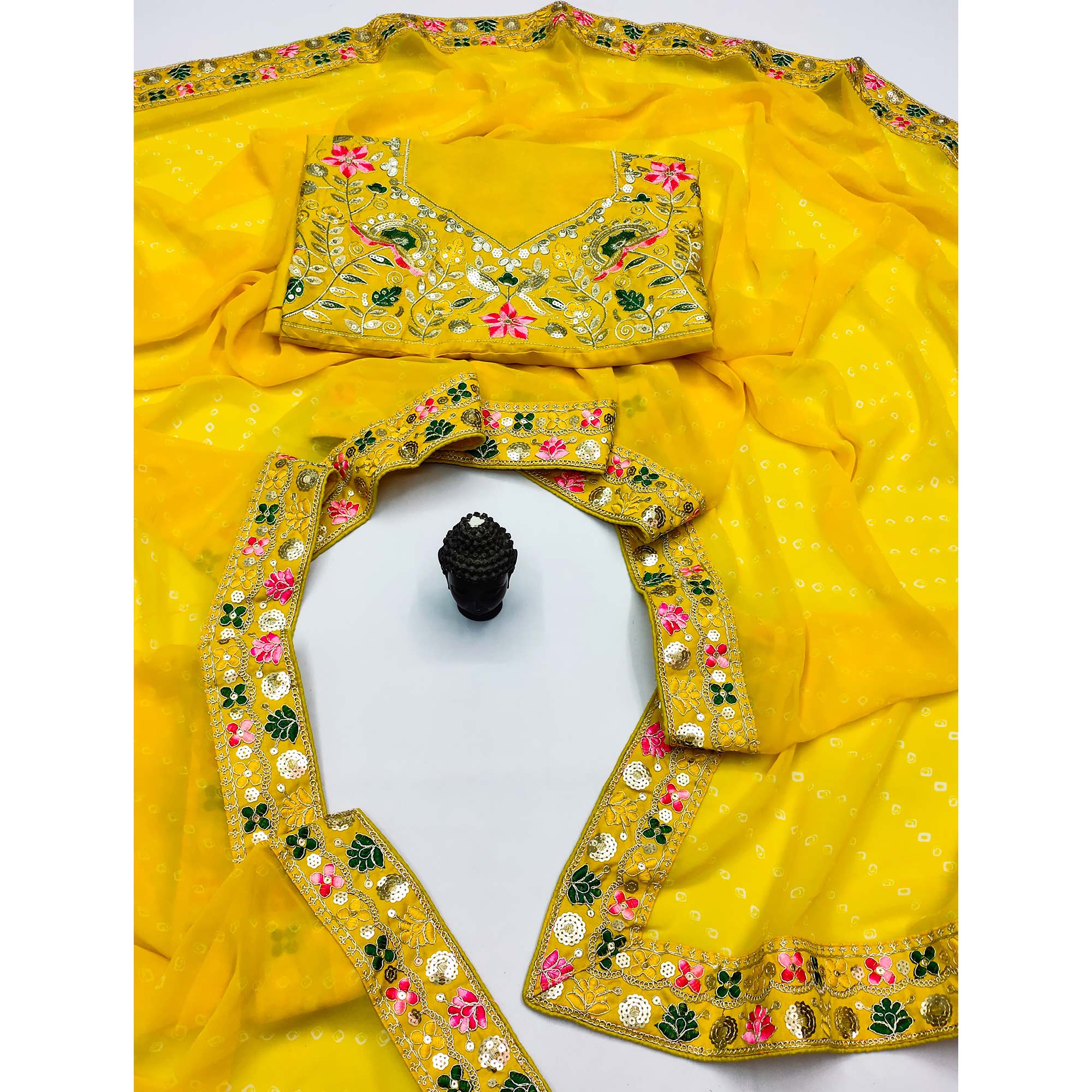 Yellow Bandhani Printed Georgette Saree With Sparkling Sequin Embroidered Border