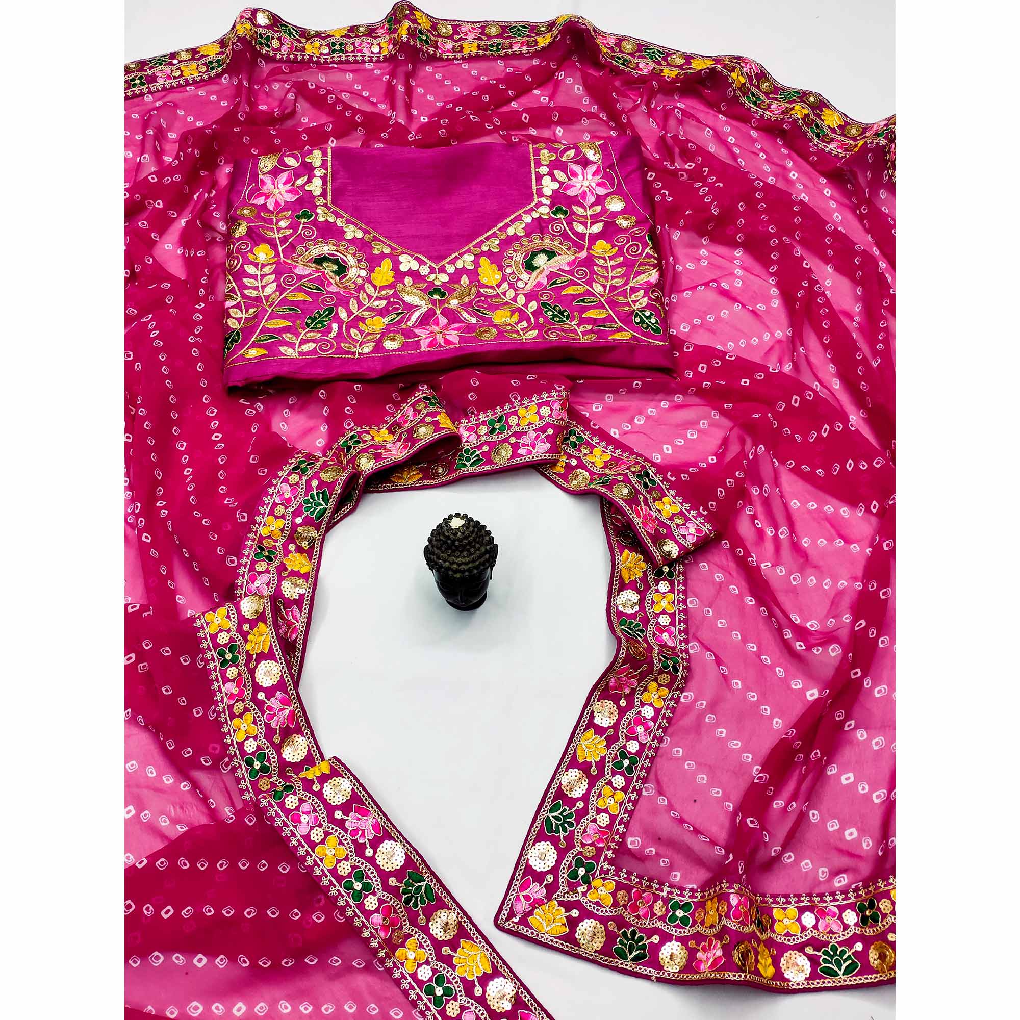 Pink Bandhani Printed Georgette Saree With Sparkling Sequin Embroidered Border