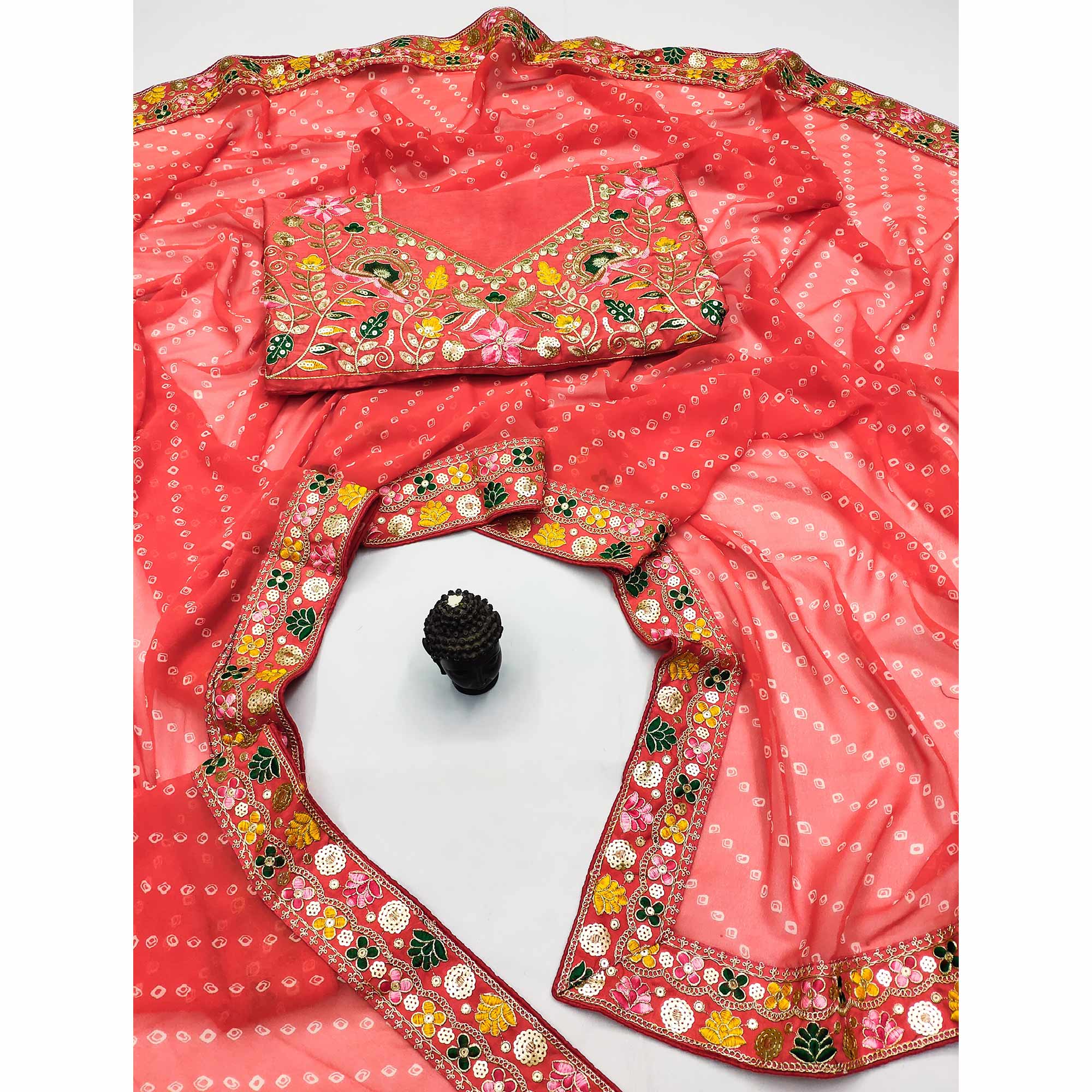 Coral Pink Bandhani Printed Georgette Saree With Sparkling Sequin Embroidered Border
