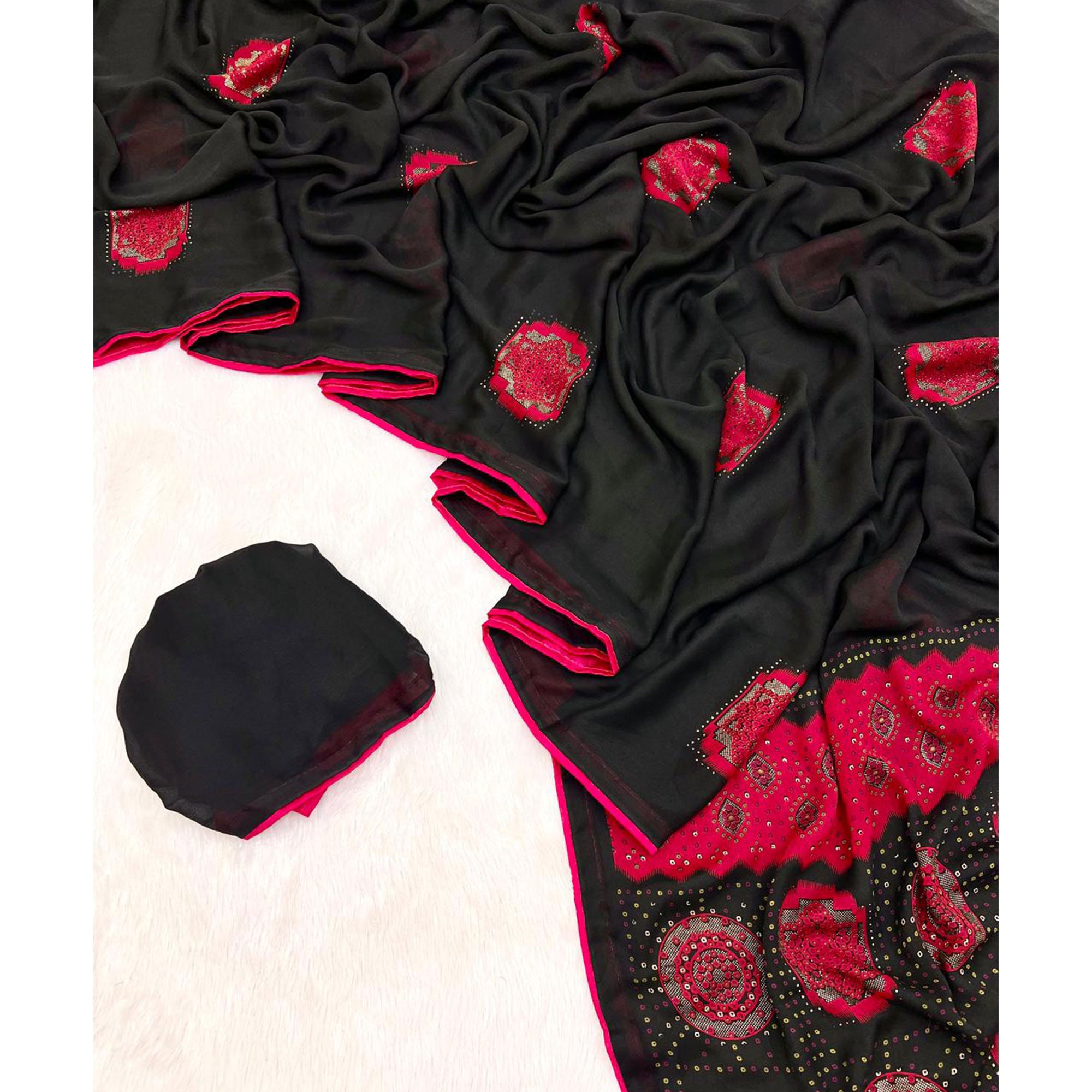 Black & Red Patola With Bandhani Printed Moss Chiffon Saree