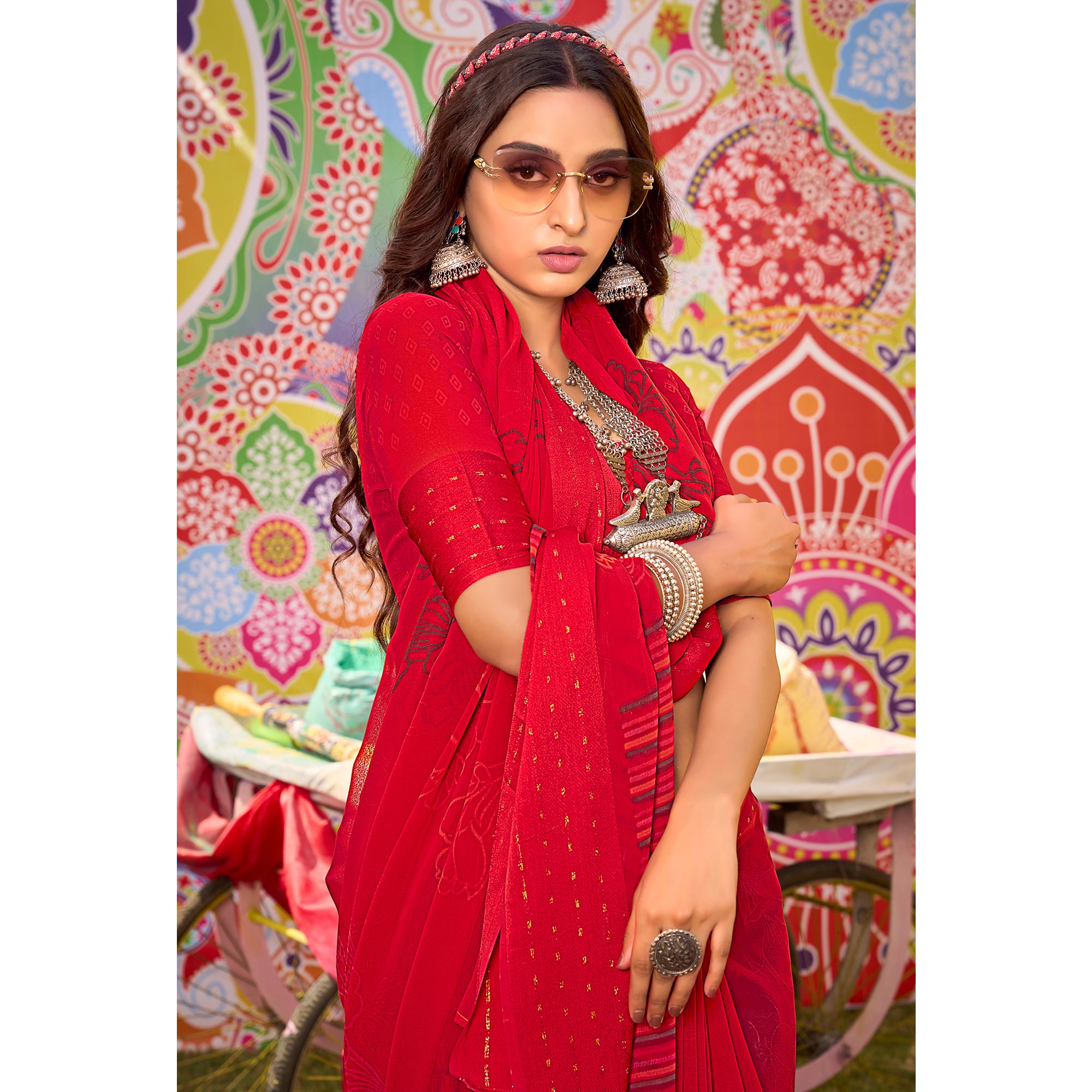 Red Floral Printed Georgette Saree With Woven Border