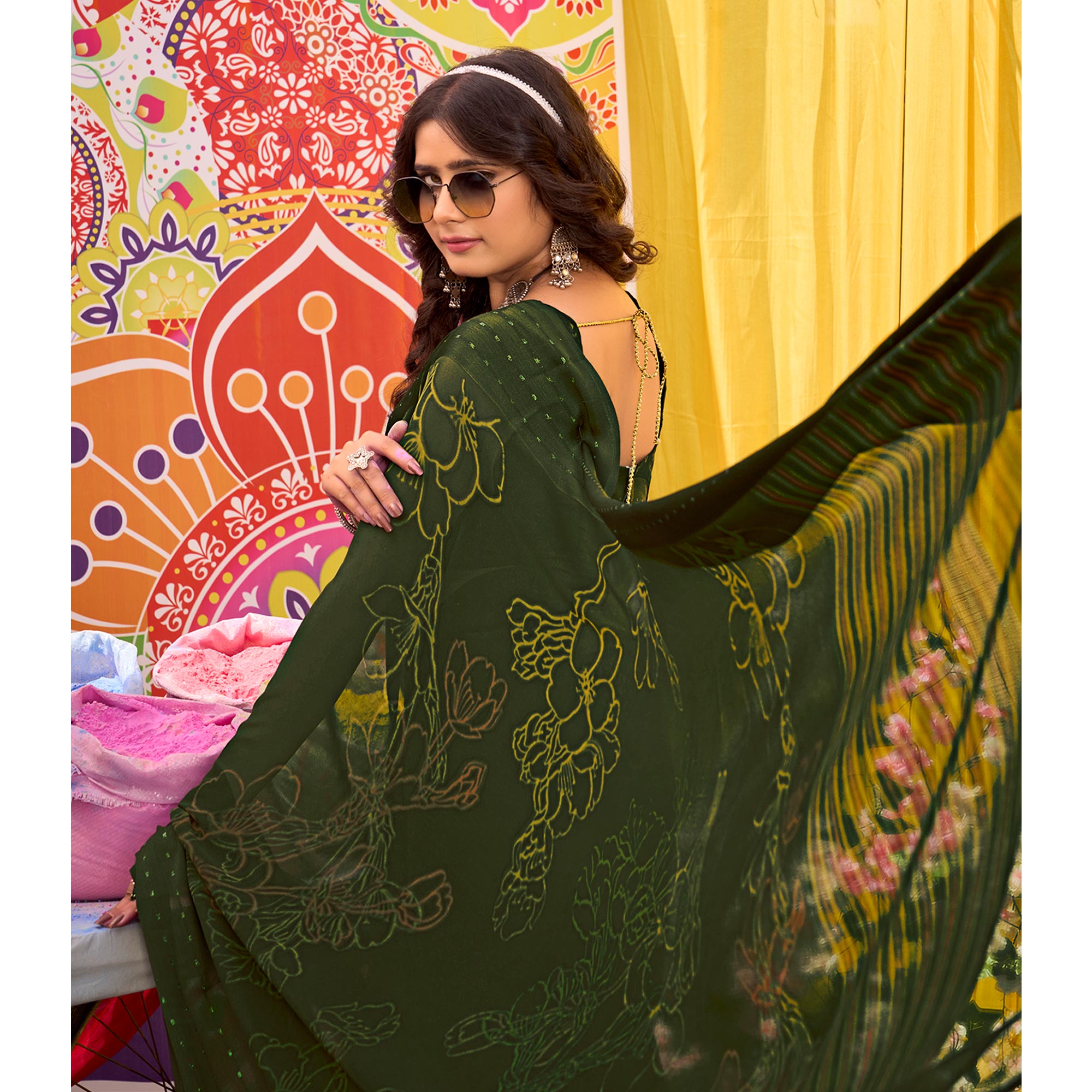 Green Floral Printed Georgette Saree With Woven Border