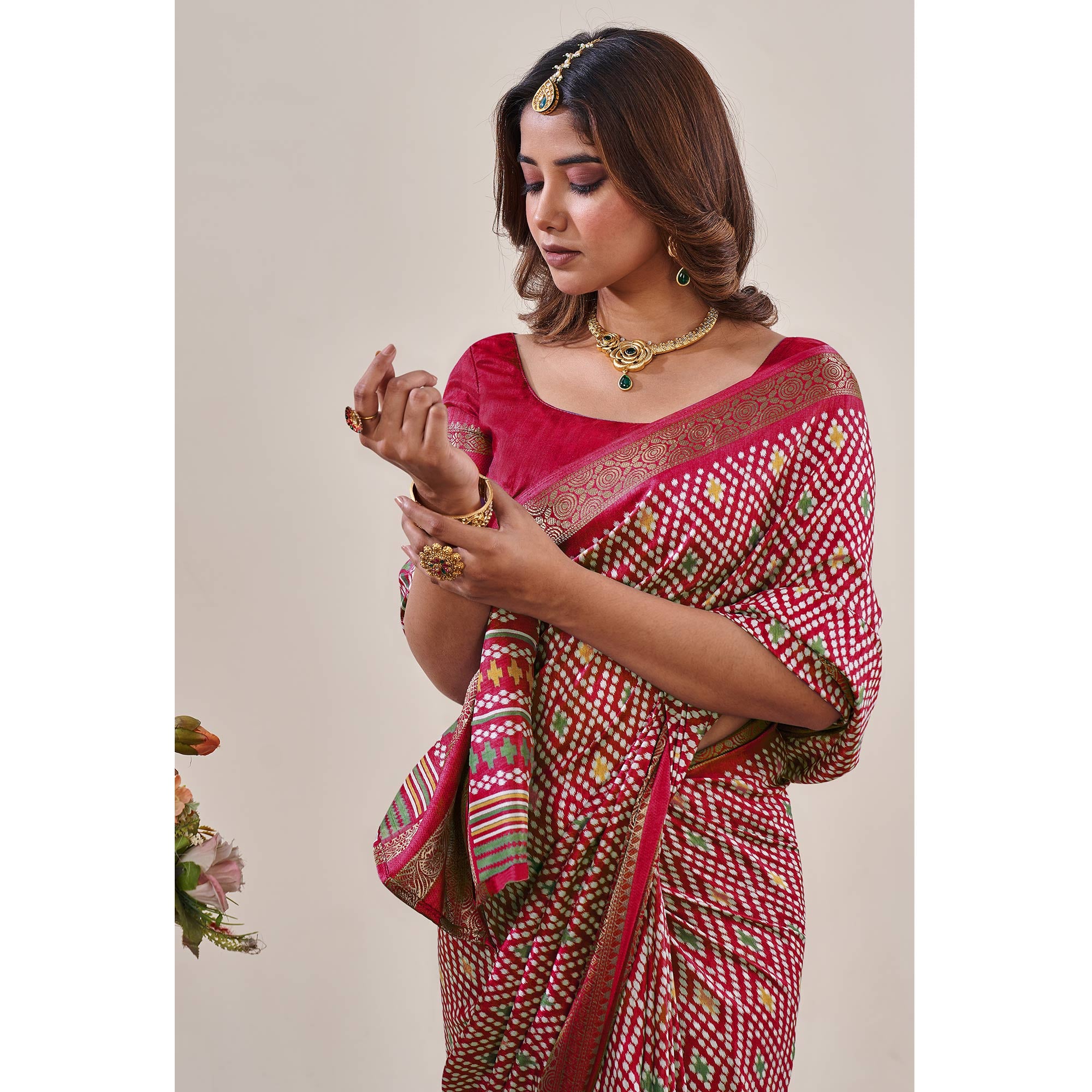 Red Ikkat Printed With Jacquard Border Cotton Silk Saree
