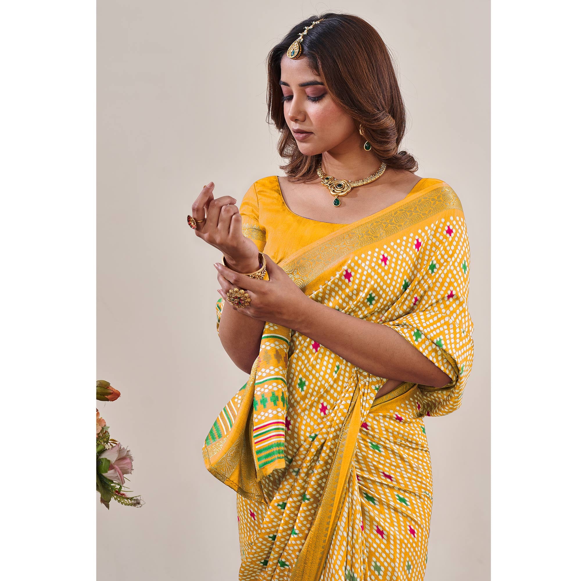 Yellow Ikkat Printed With Jacquard Border Cotton Silk Saree