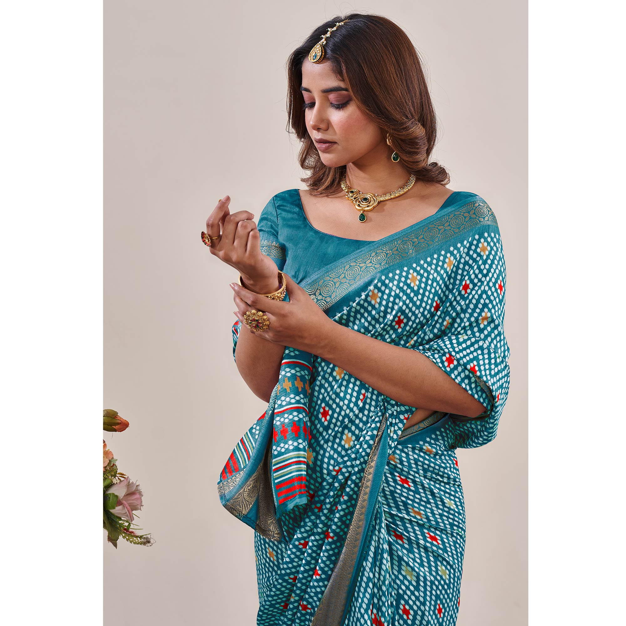 Rama Blue Ikkat Printed With Jacquard Border Cotton Silk Saree