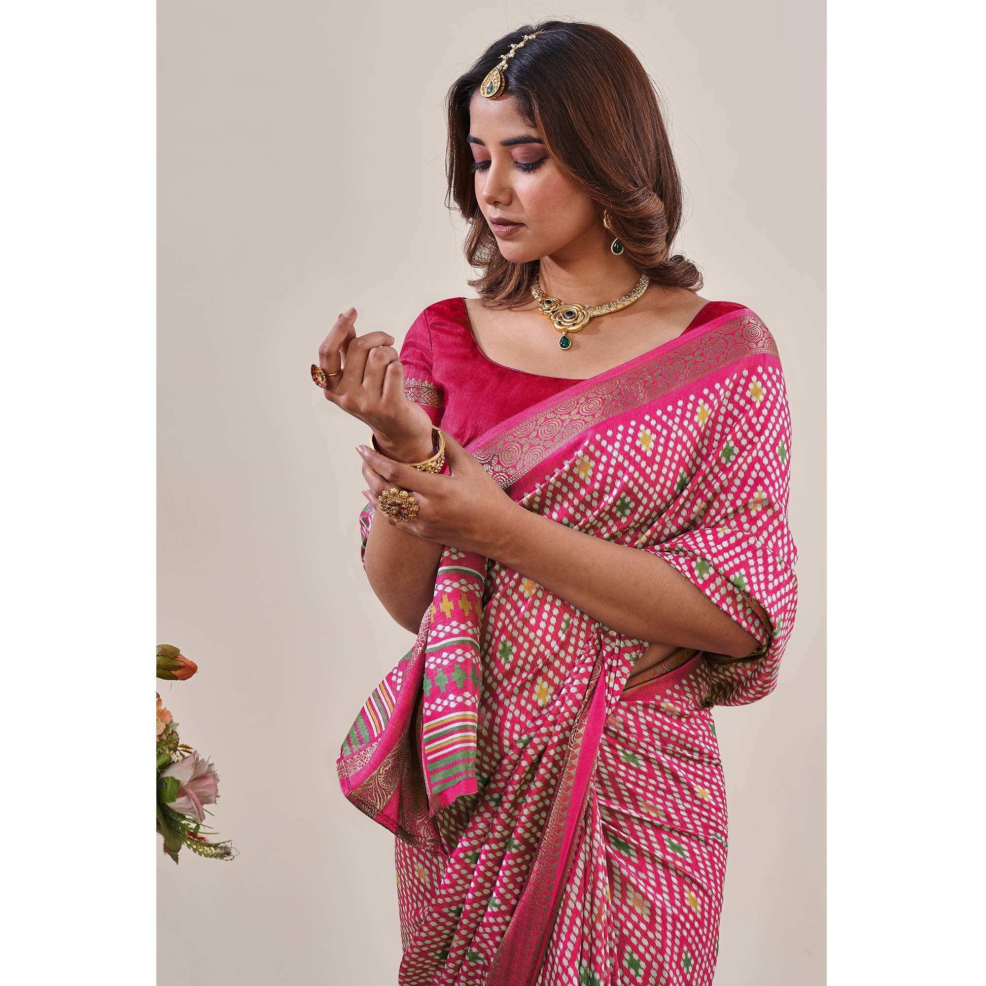 Pink Ikkat Printed With Jacquard Border Cotton Silk Saree