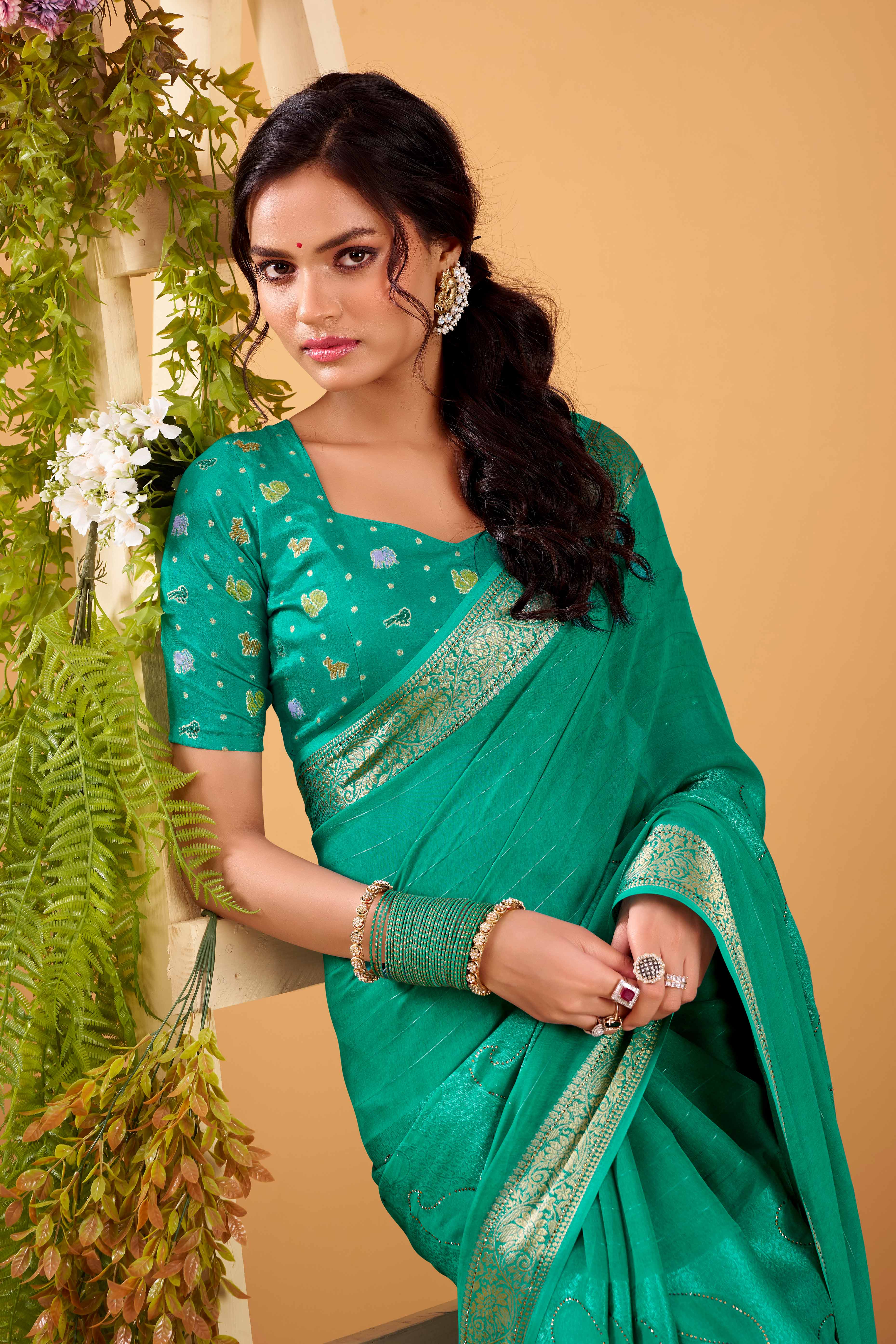 Rama Green Jacquard Saree Featuring Swarovski Embellishments With Rich Paisley & Floral Weave