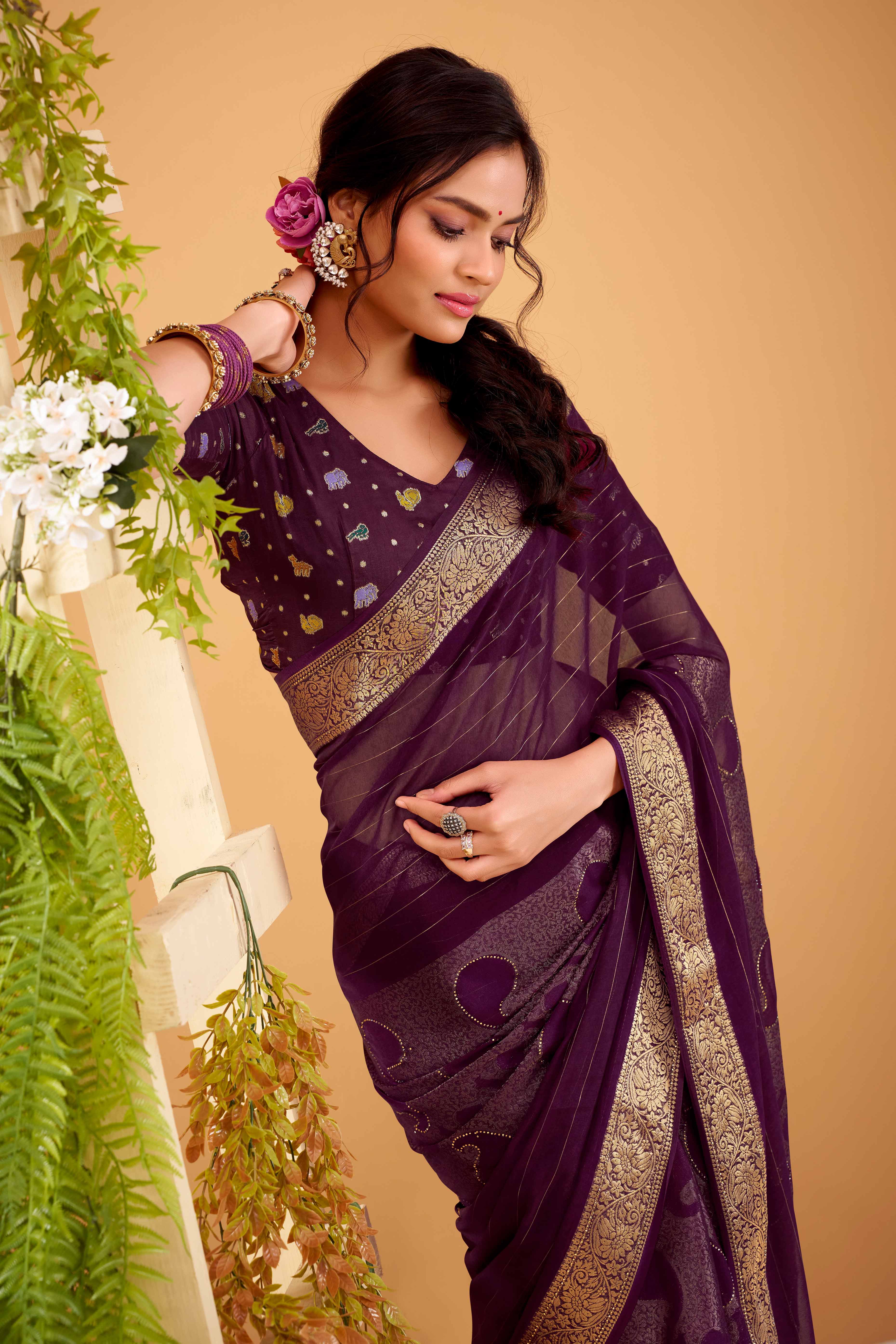 Wine Jacquard Saree Featuring Swarovski Embellishments With Rich Paisley & Floral Weave