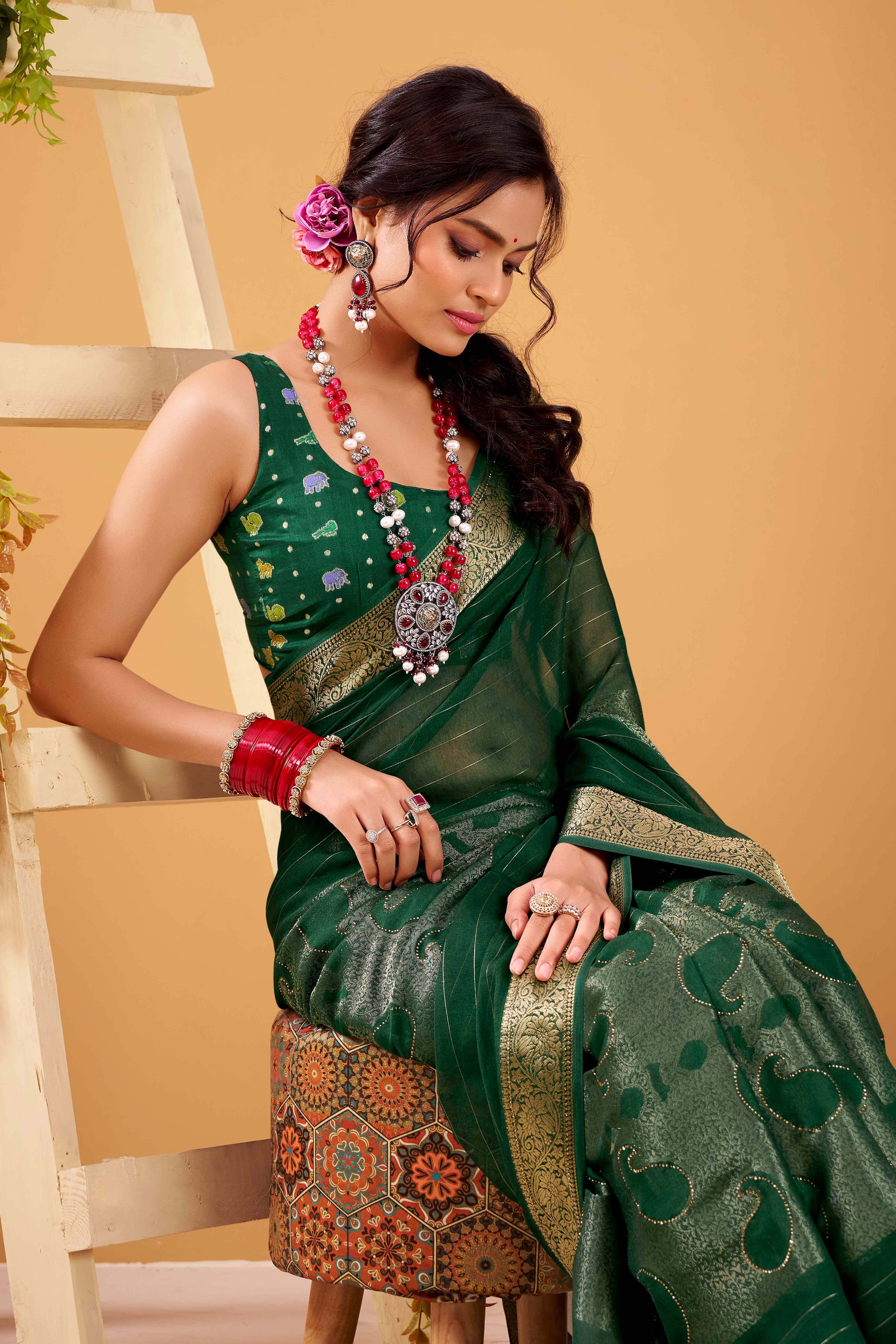 Green Jacquard Saree Featuring Swarovski Embellishments With Rich Paisley & Floral Weave