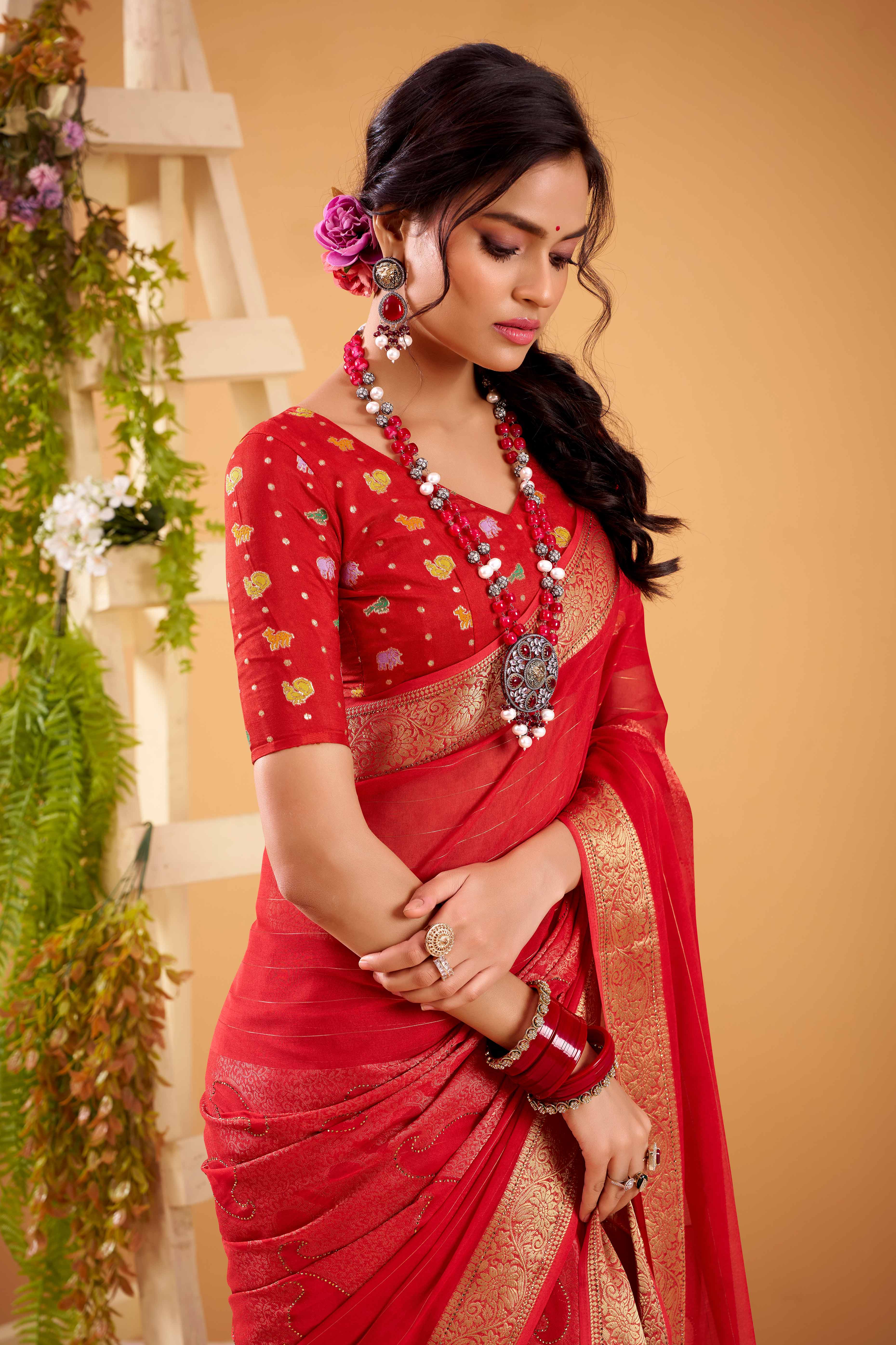 Red Jacquard Saree Featuring Swarovski Embellishments With Rich Paisley & Floral Weave