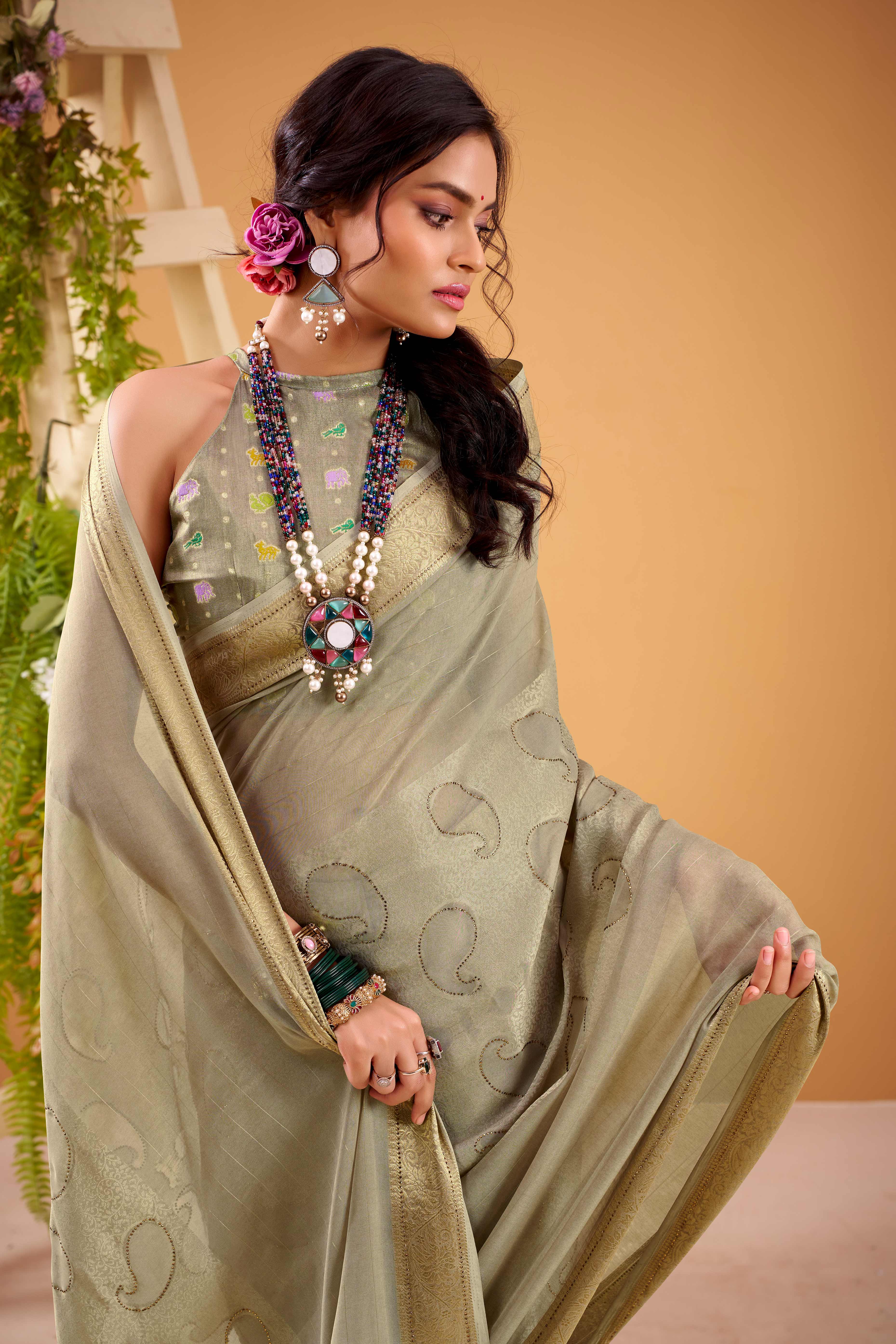 Grey Jacquard Saree Featuring Swarovski Embellishments With Rich Paisley & Floral Weave
