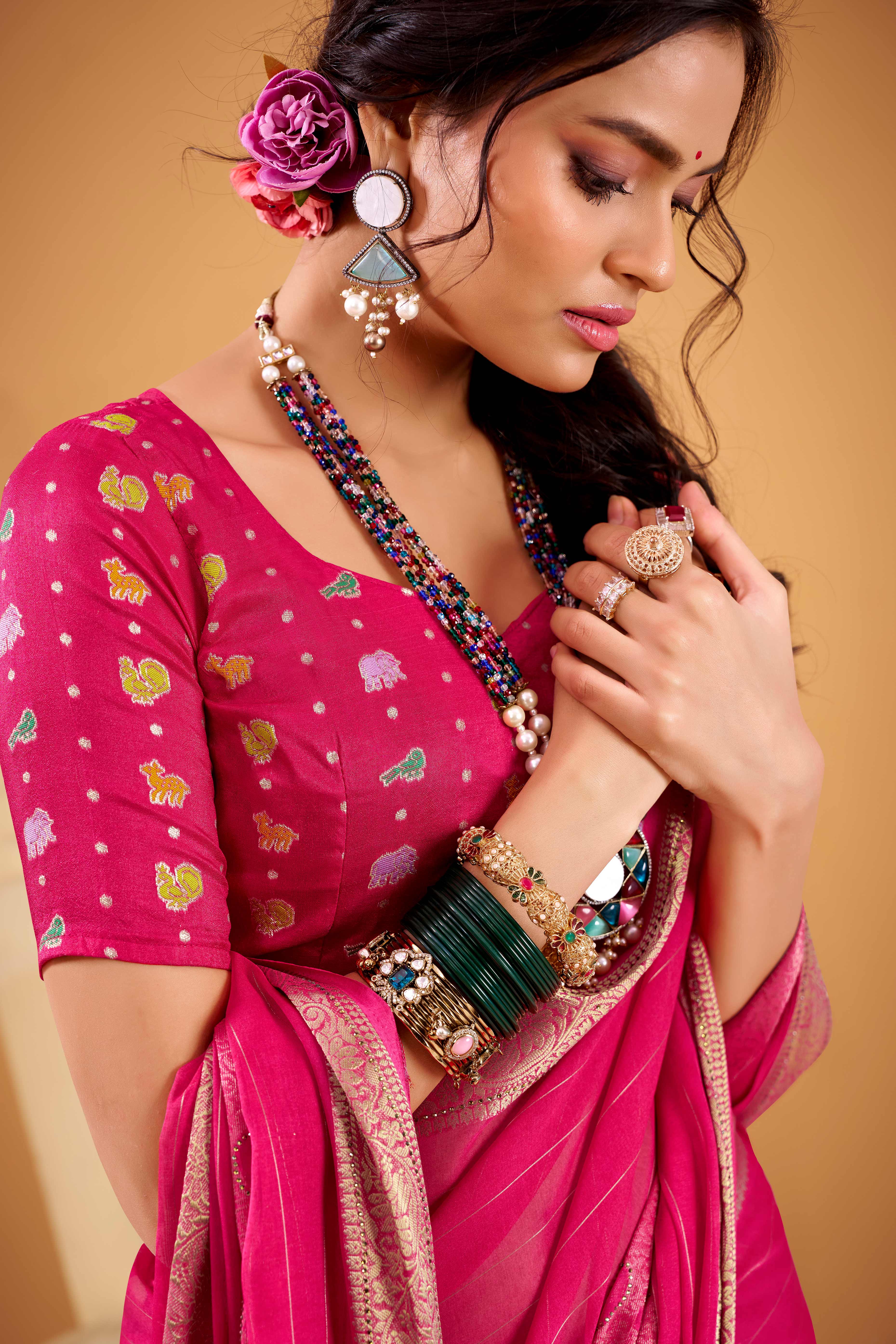 Rani Pink Jacquard Saree Featuring Swarovski Embellishments With Rich Paisley & Floral Weave