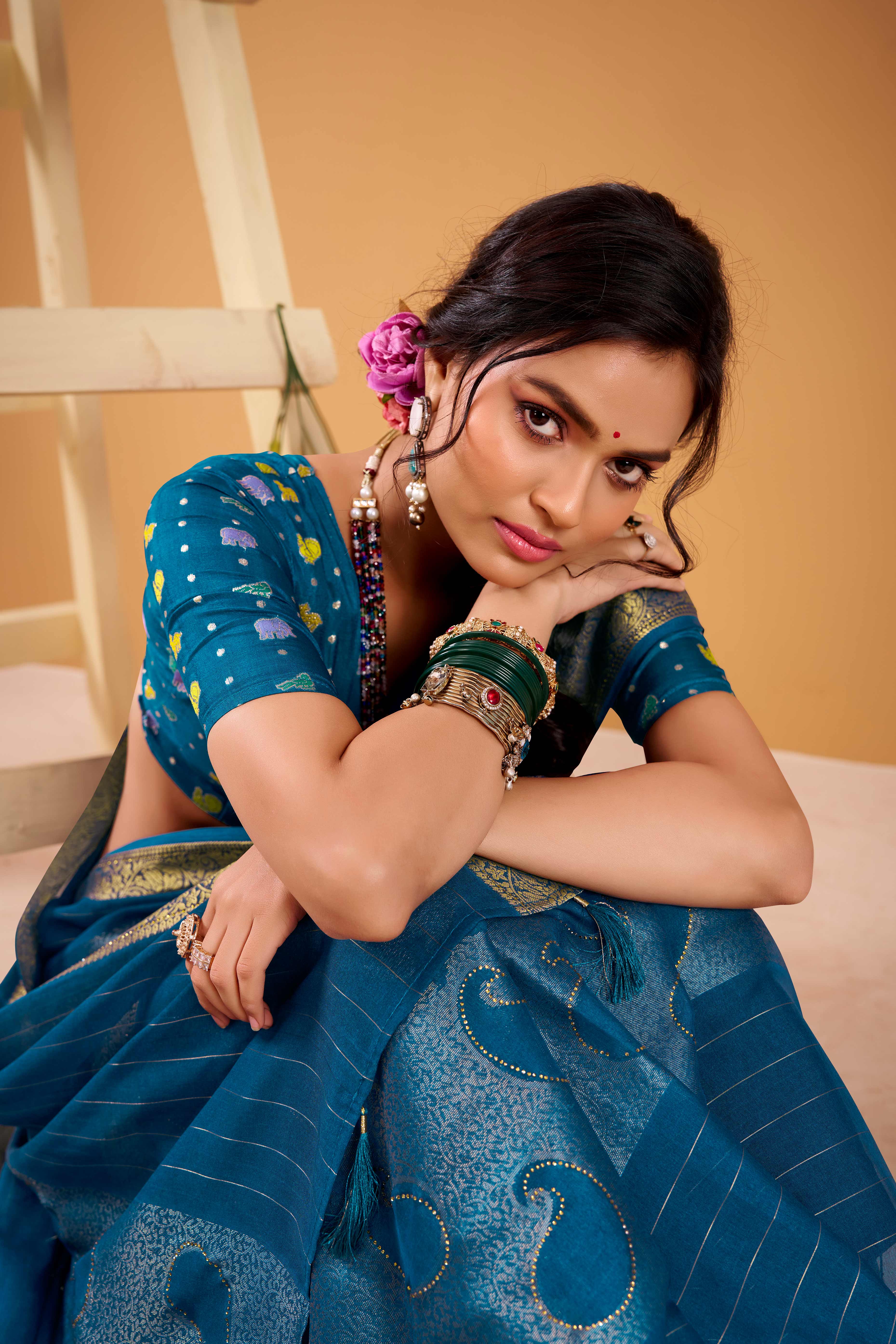 Blue Jacquard Saree Featuring Swarovski Embellishments With Rich Paisley & Floral Weave