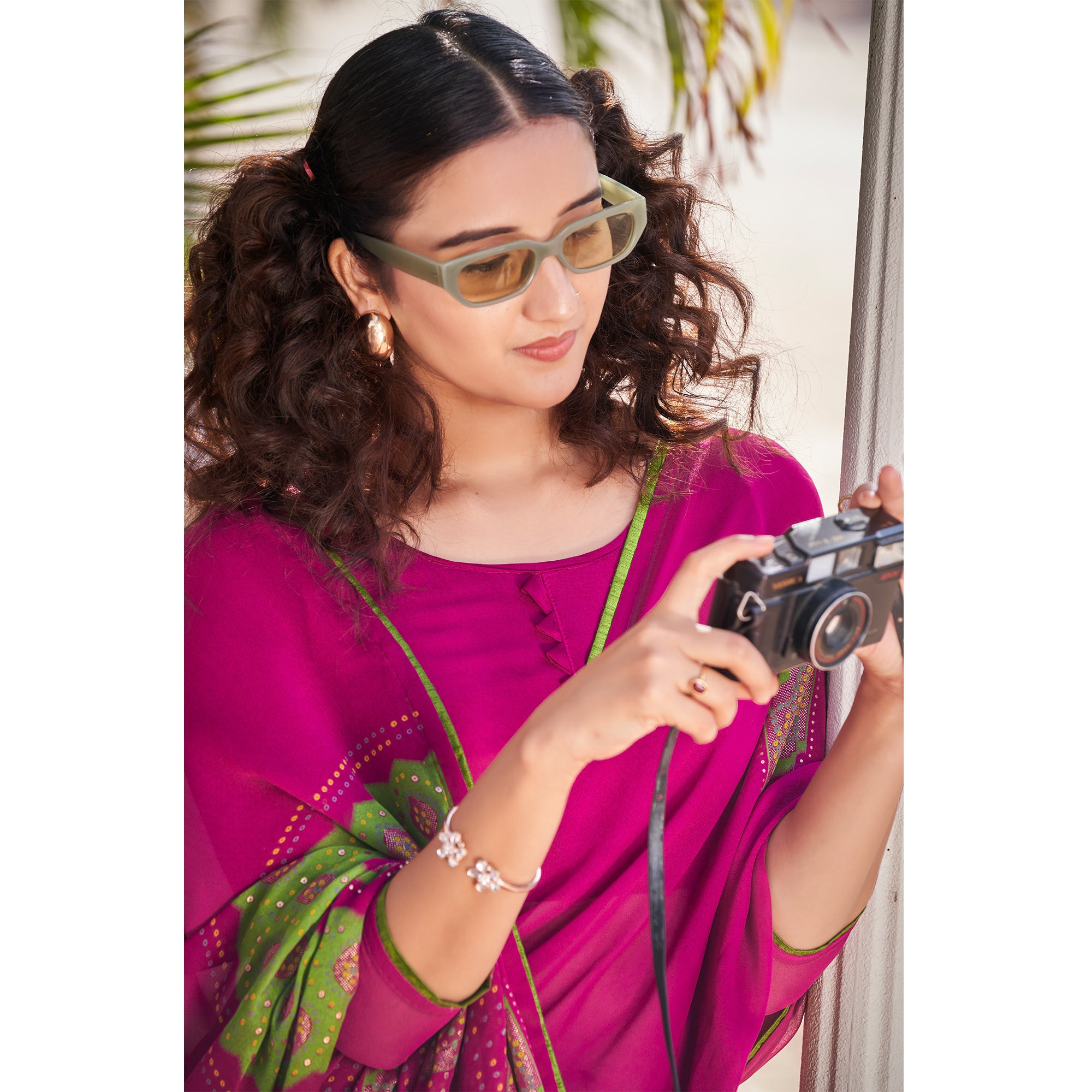 Purple Foil Printed Georgette Saree With Tassels