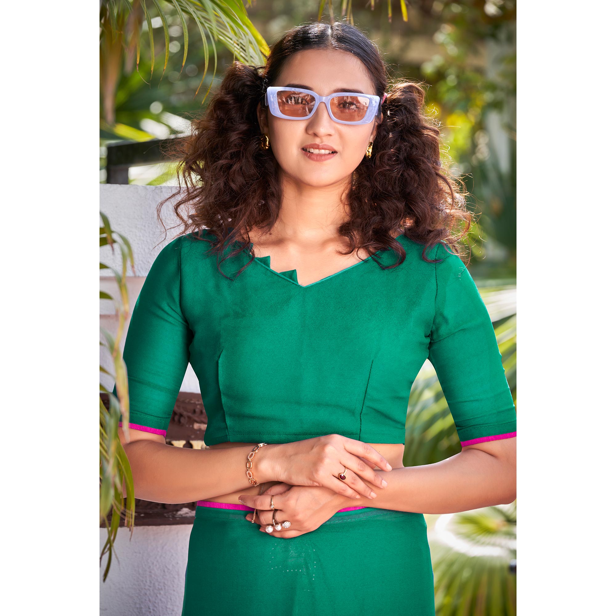 Rama Green Foil Printed Georgette Saree With Tassels
