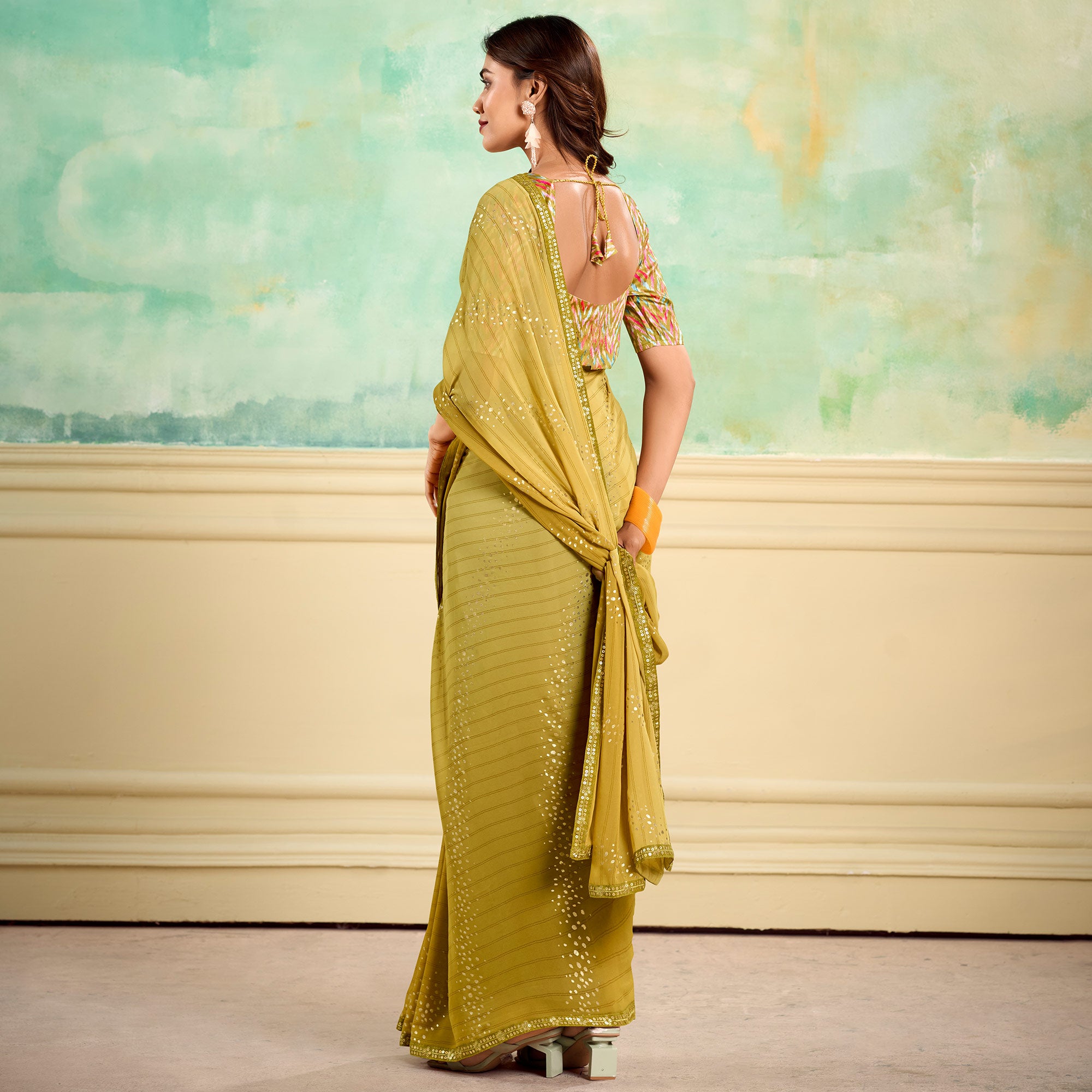 Olive Foil Printed With Sequins Georgette Saree