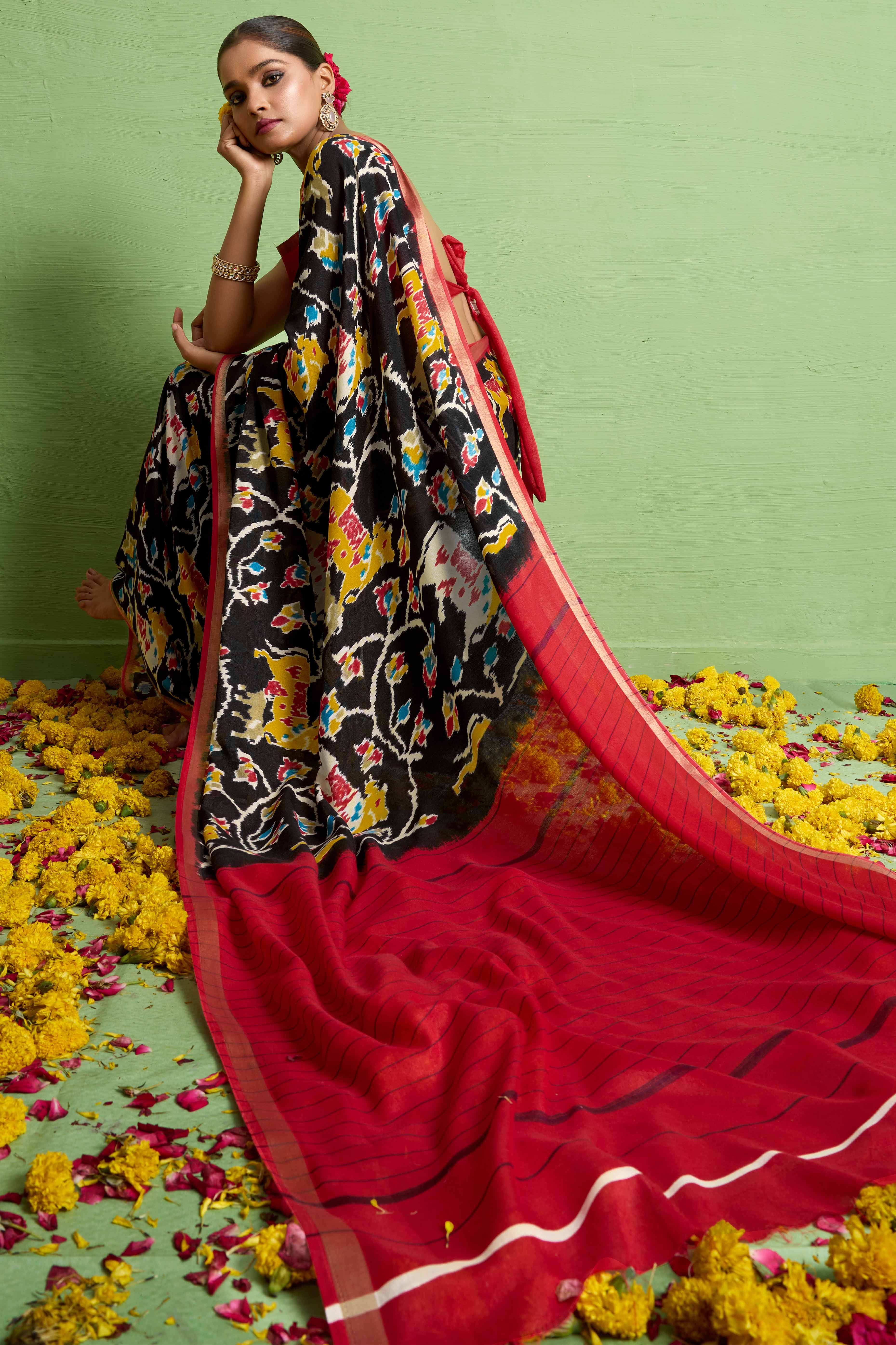 Traditional Black Silk Blend Saree with Ikkat Print & Zari Edging