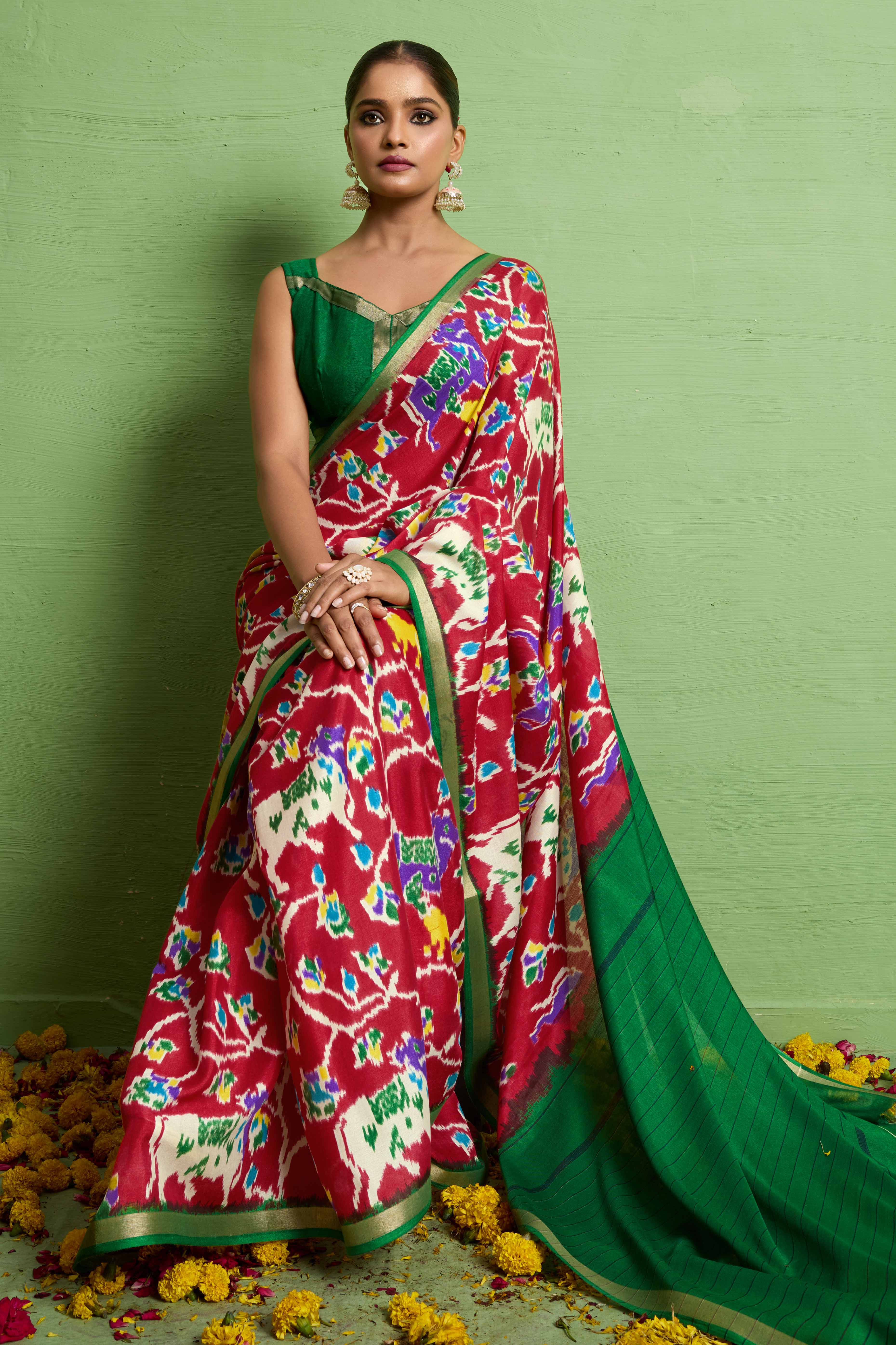 Traditional Red Silk Blend Saree with Ikkat Print & Zari Edging