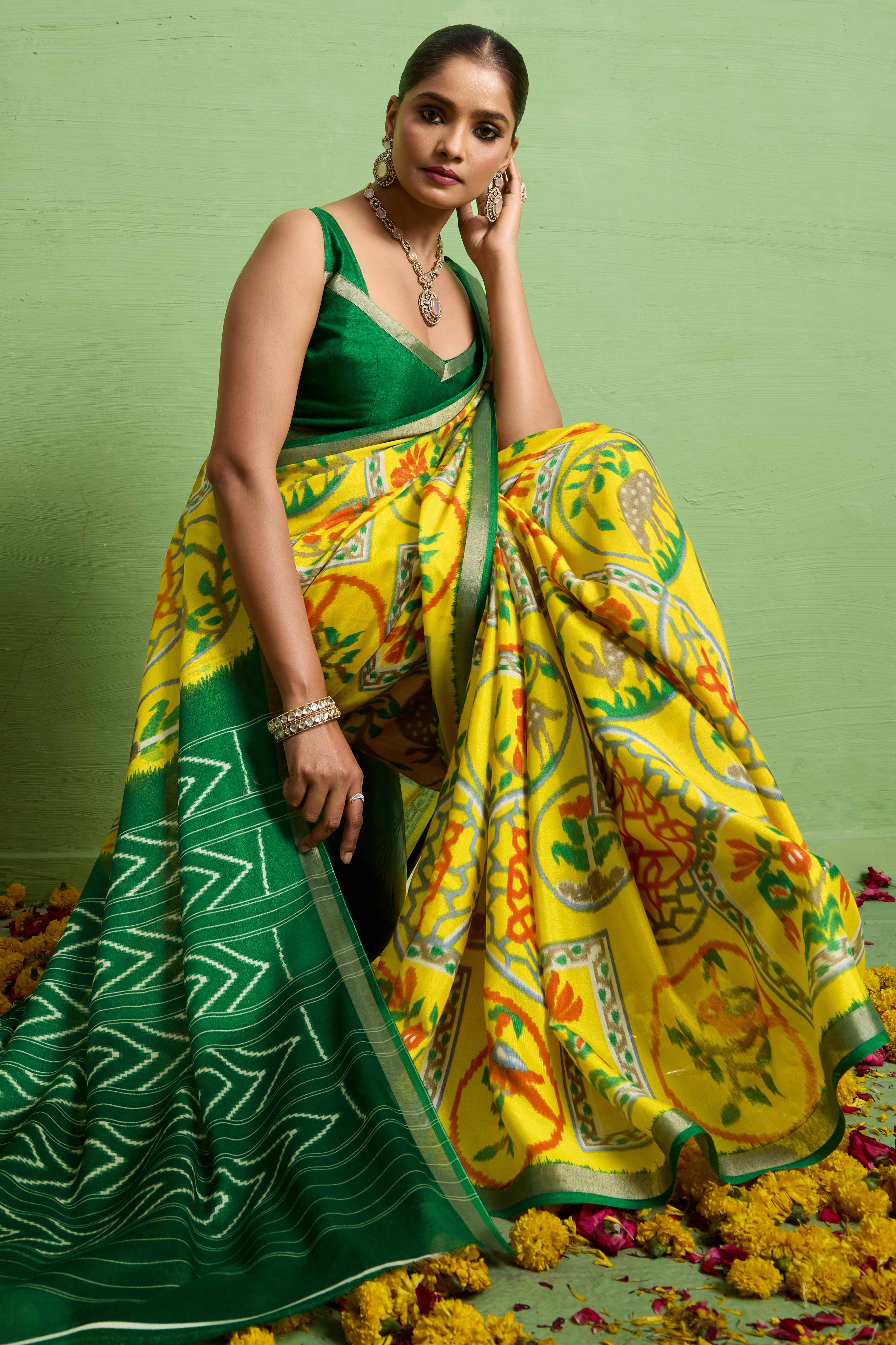 Traditional Yellow Silk Blend Saree with Ikkat Print & Zari Edging