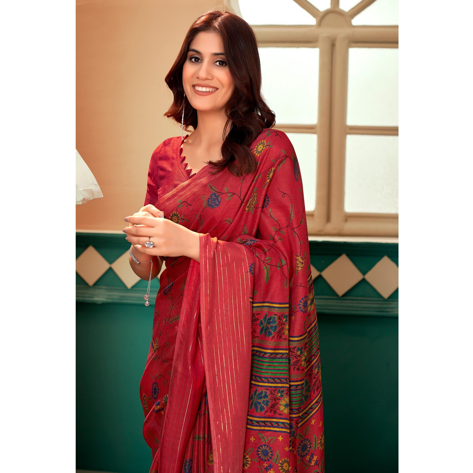 Red Floral Printed Linen Saree
