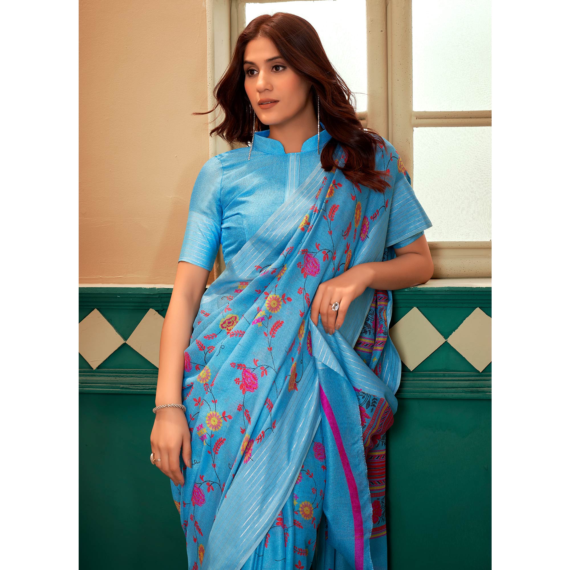 Blue Floral Printed Linen Saree