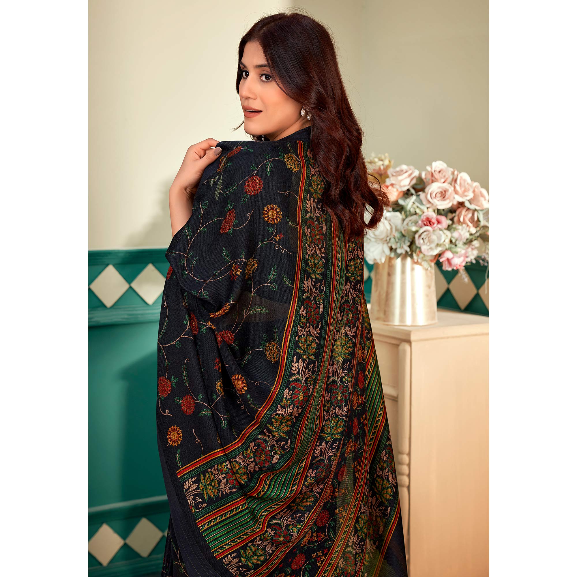 Black Floral Printed Linen Saree