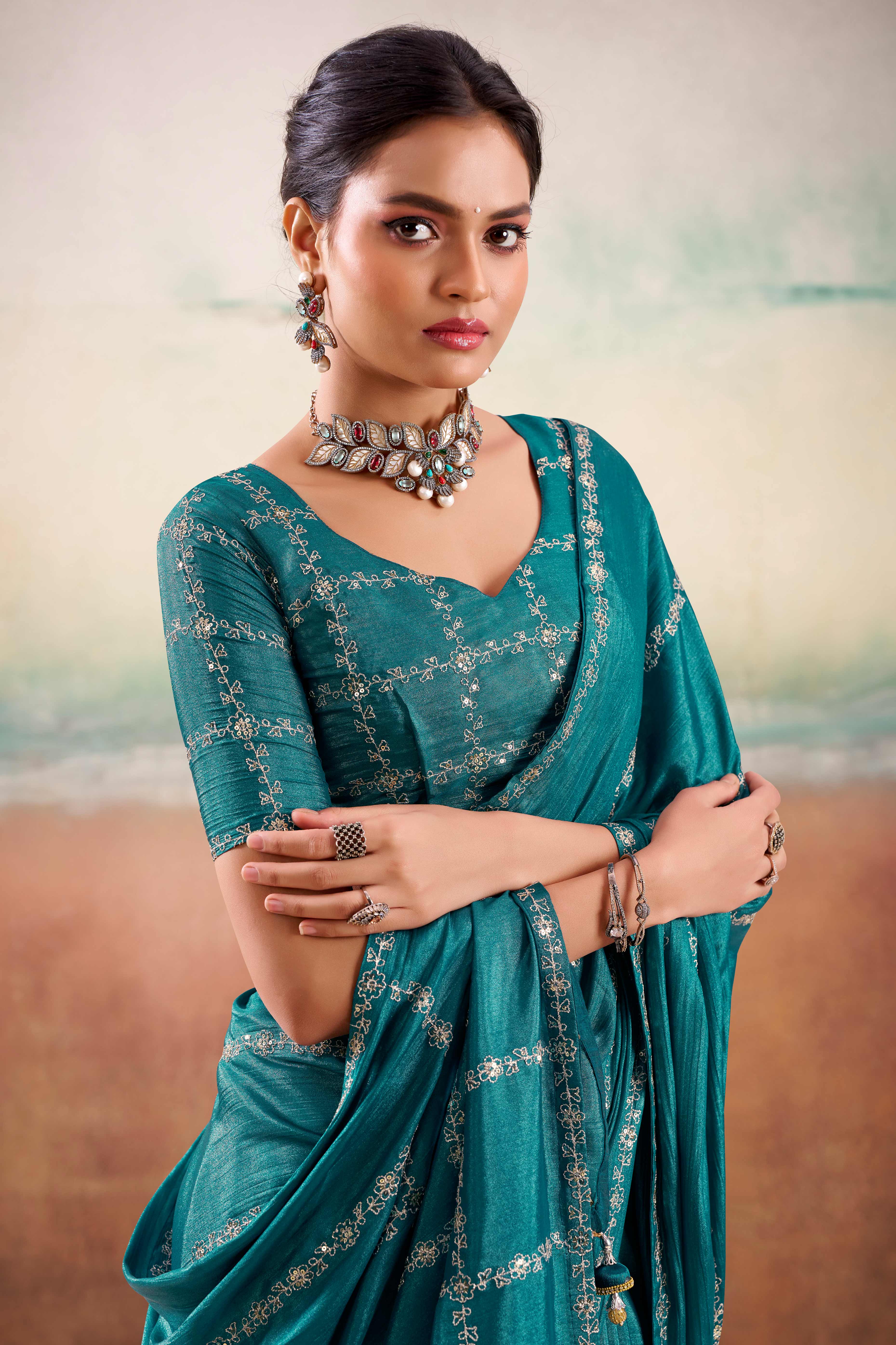 Teal Two Tone Chiffon Saree Adorned With Floral Cording Embroidery & Sequins Work