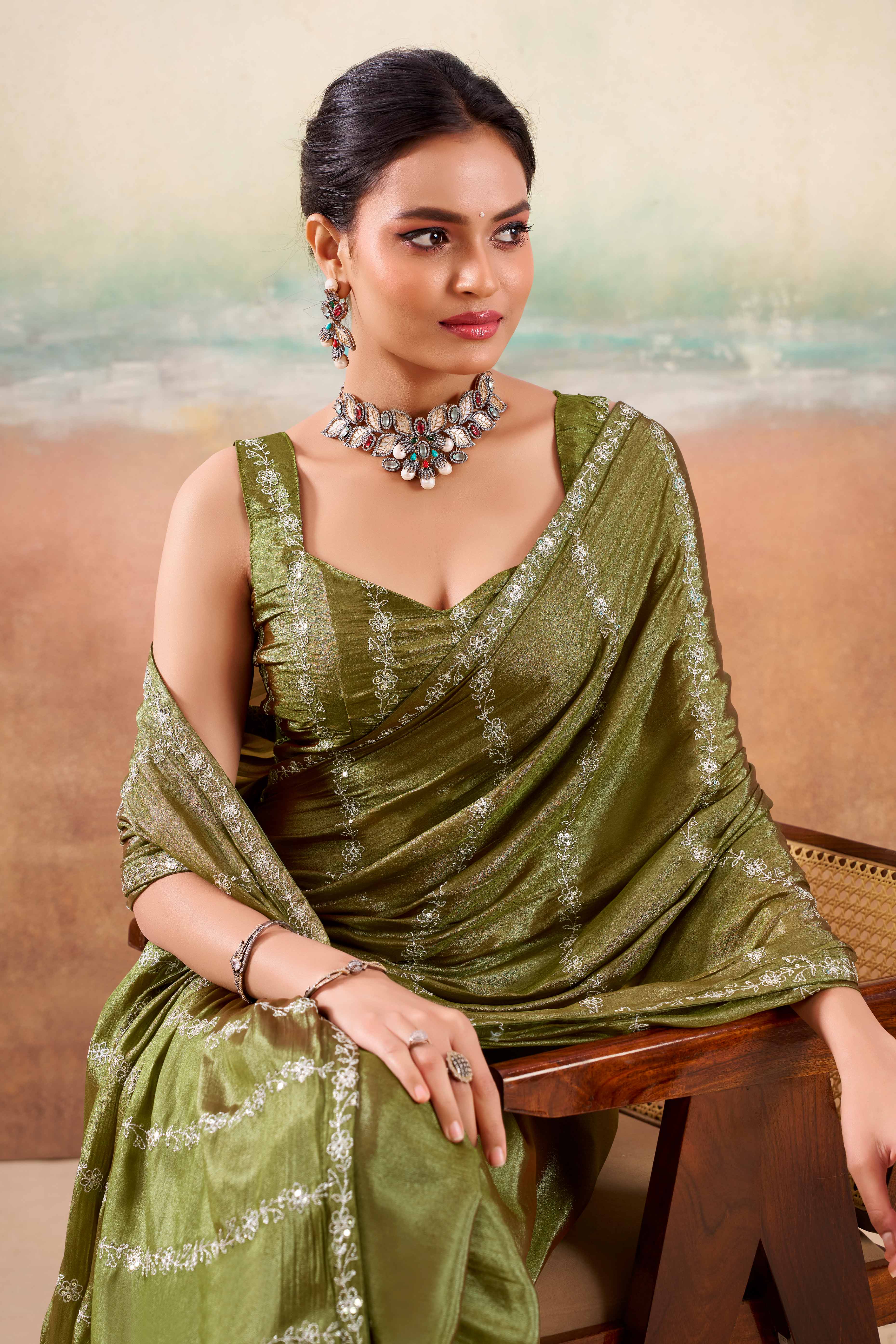 Olive Two Tone Chiffon Saree Adorned With Floral Cording Embroidery & Sequins Work